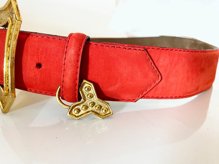1980s Yves Saint Laurent Red Gold Buckle Suede Charm Belt at