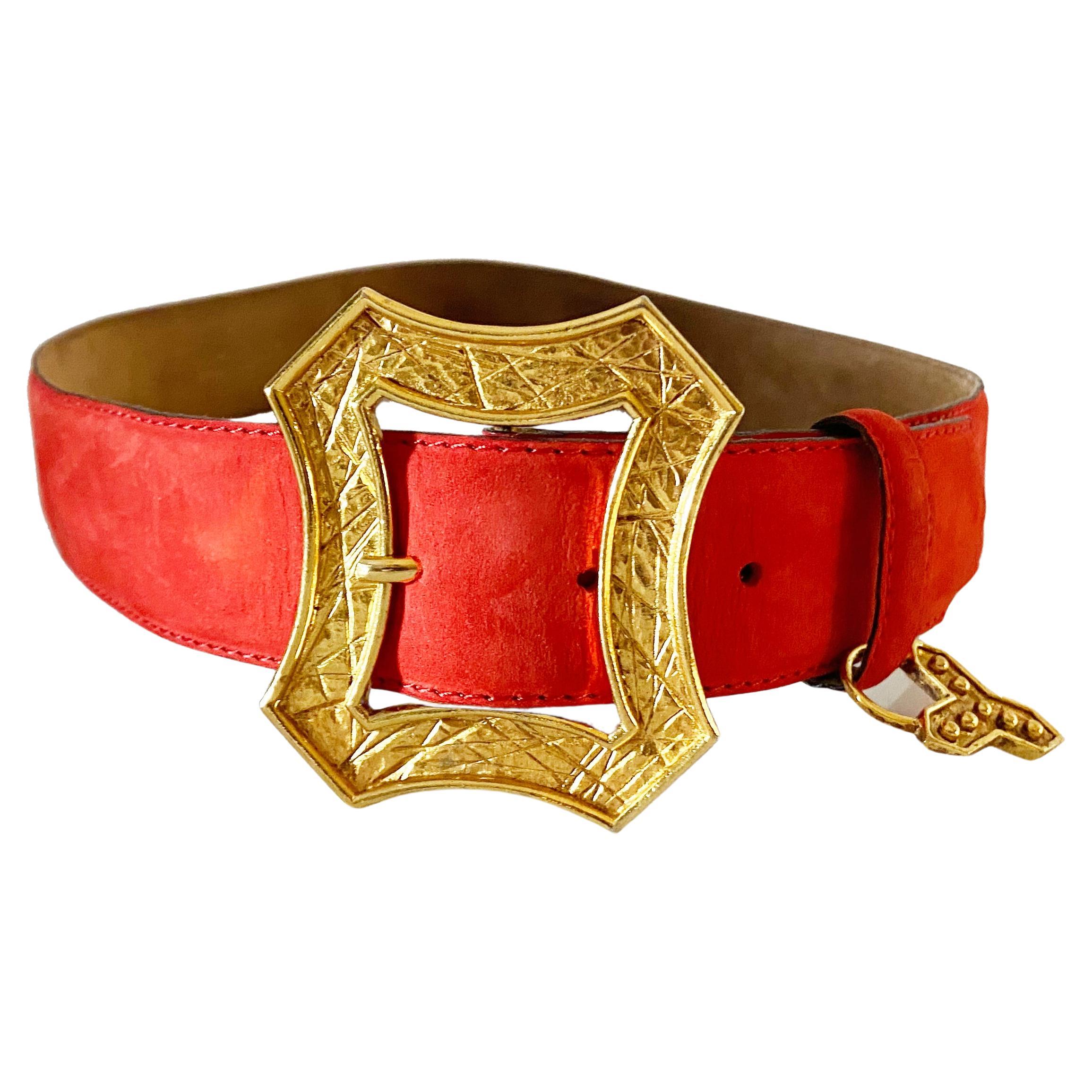 1980s Yves Saint Laurent Red Gold Buckle Suede Belt  For Sale