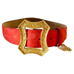 Used 1980s YSL Yves Saint Laurent Red Suede Gold Buckle High Waist Belt 