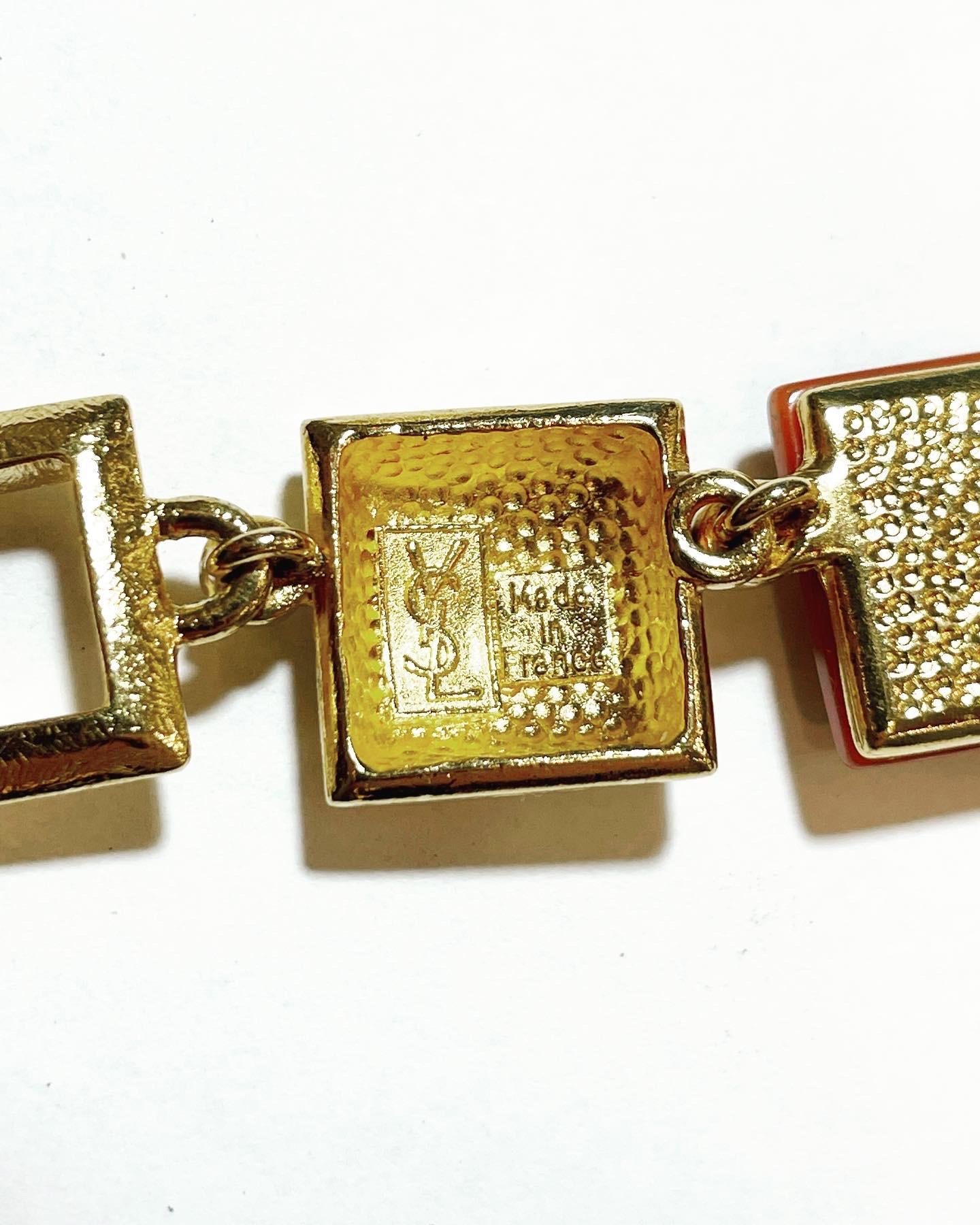 Women's or Men's 1980s YSL Yves Saint Laurent Vintage Gilt and Resin Fashion Never Used Necklace For Sale