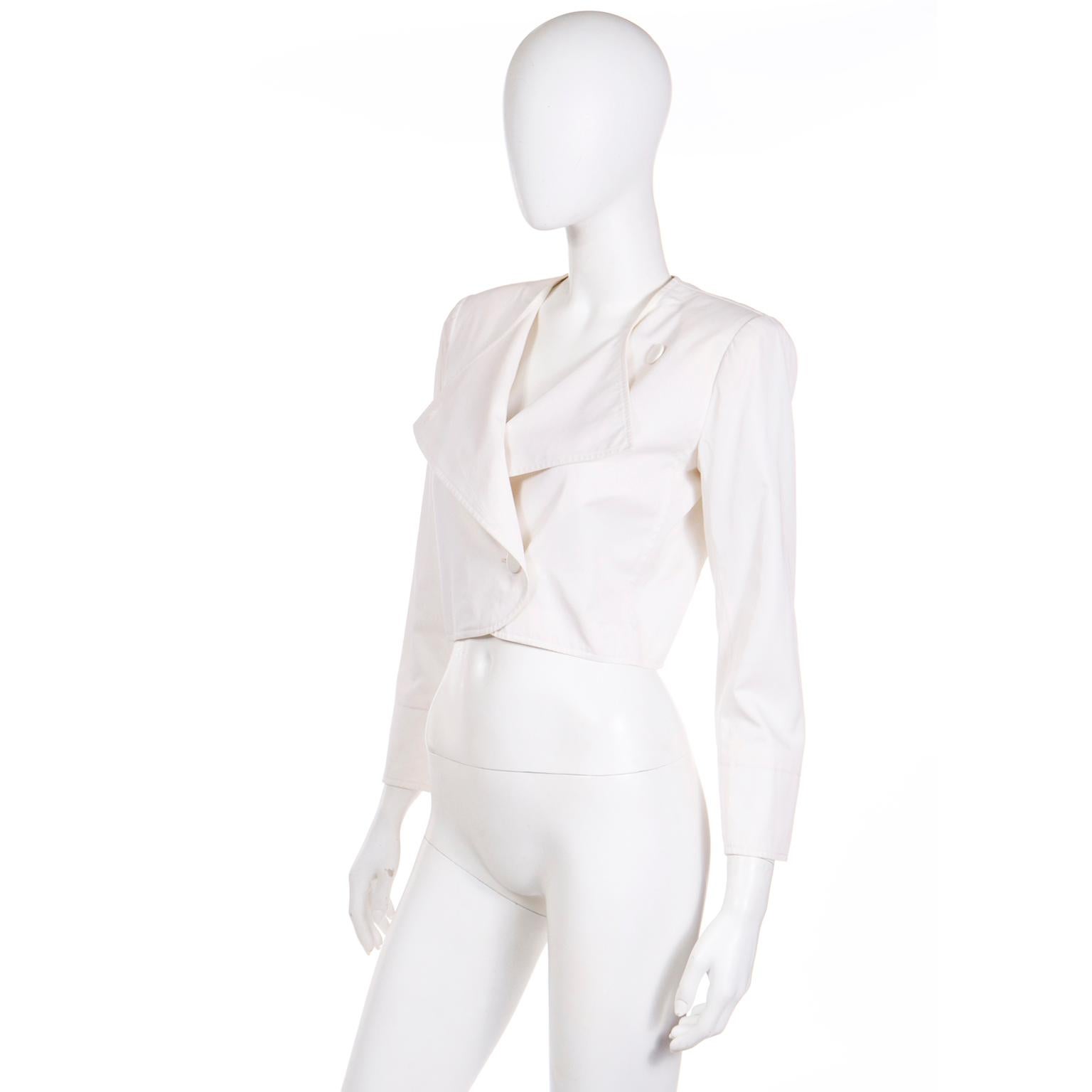 Gray 1980s YSL Yves Saint Laurent Vintage White Cotton Cropped Jacket For Sale