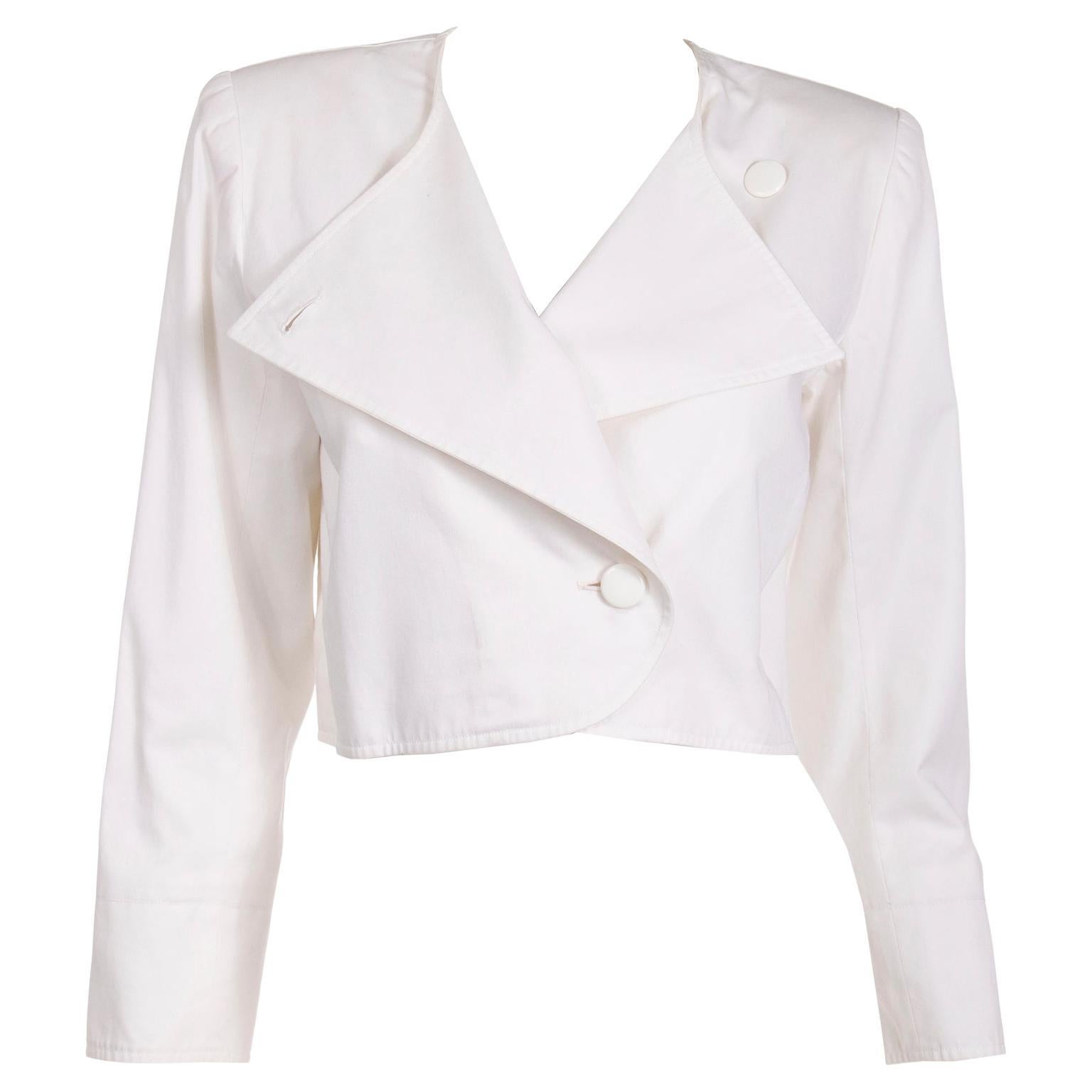 1980s YSL Yves Saint Laurent Vintage White Cotton Cropped Jacket For Sale