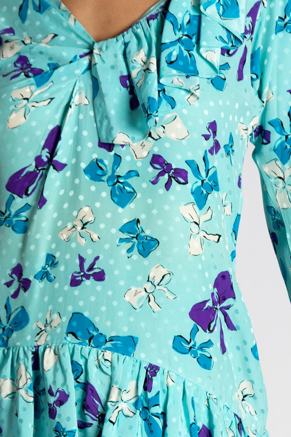 1980S YVES SAINT LAURENT Aqua Blue Silk Bow Print Dress With Ruffles For Sale 4