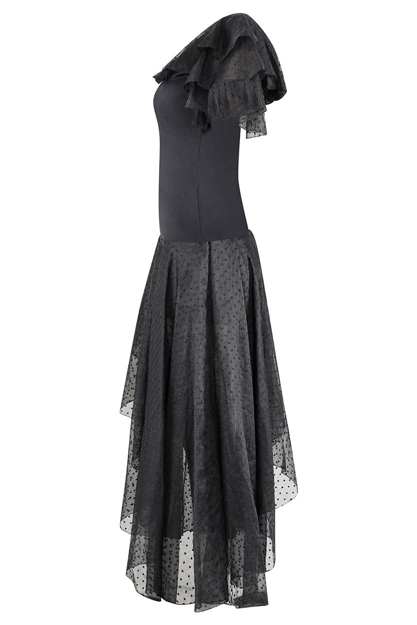 This sensational 1980s black silk blend Flamenco-style evening dress is unlabelled, although we are able to confirm that it is by extolled French fashion house Yves Saint Laurent. The sleeveless bodice is a silky cotton fabric with a gentle scoop