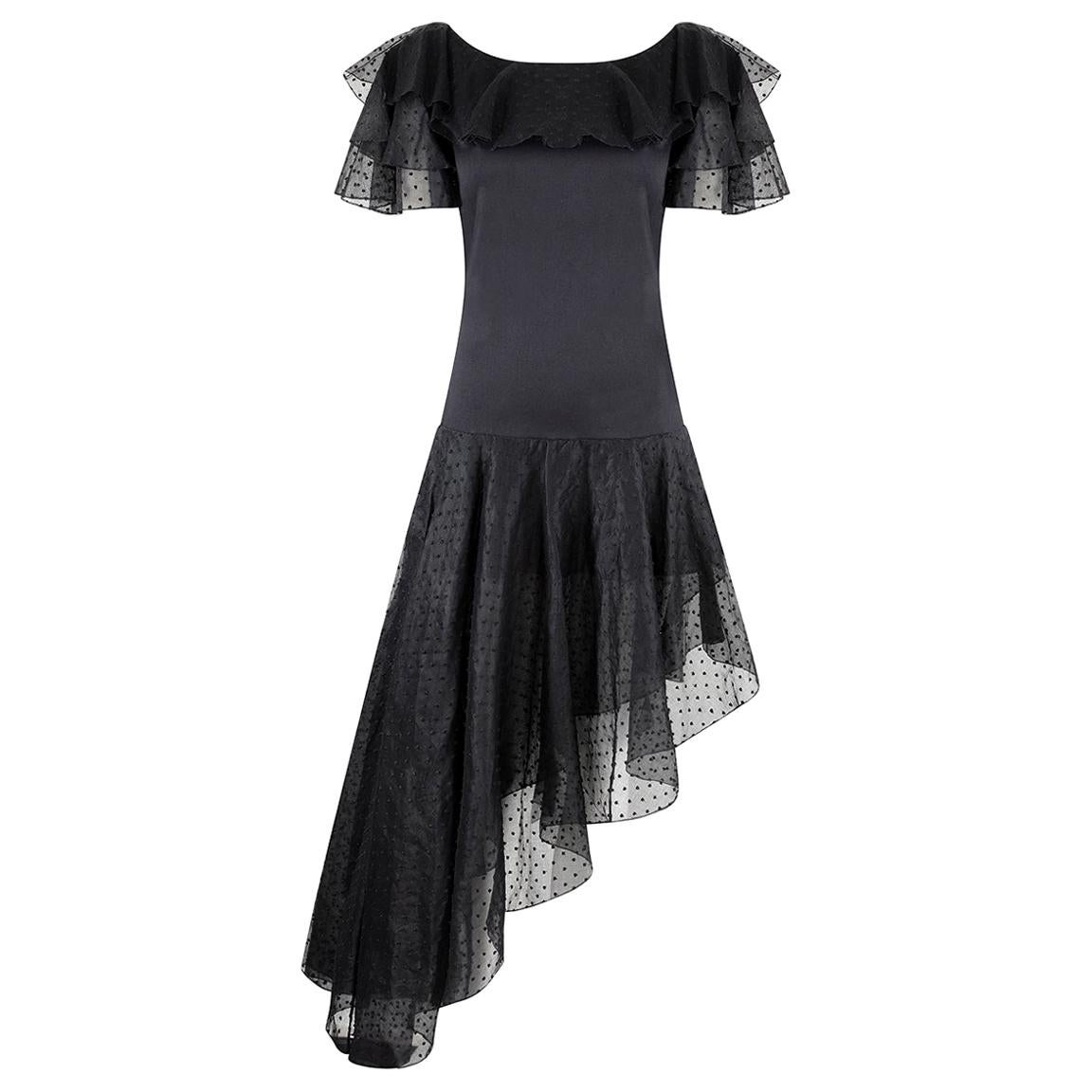 1980s Yves Saint Laurent Black Asymetric Dress With Flaminco Style Trim  For Sale