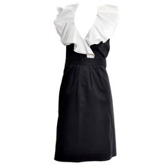 1980s Yves Saint Laurent Black Cotton 2 pc Dress w White Ruffled Collar
