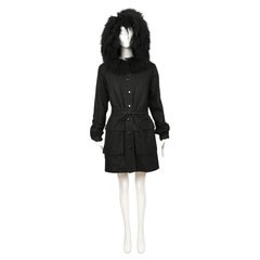 1980's YVES SAINT LAURENT black cotton parka with oversized curly lamb hood