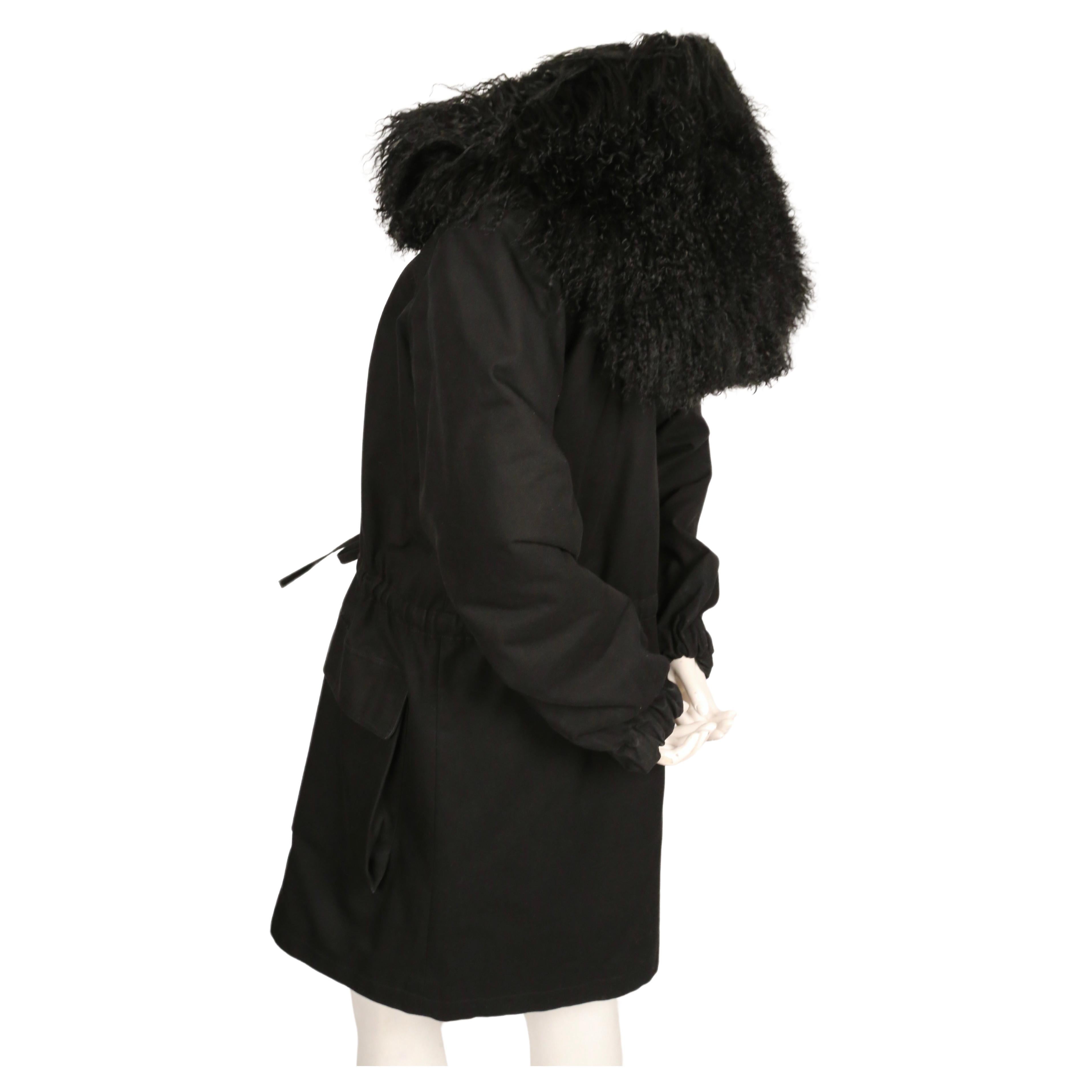 1980's YVES SAINT LAURENT black cotton parka with oversized curly lamb hood In Good Condition For Sale In San Fransisco, CA