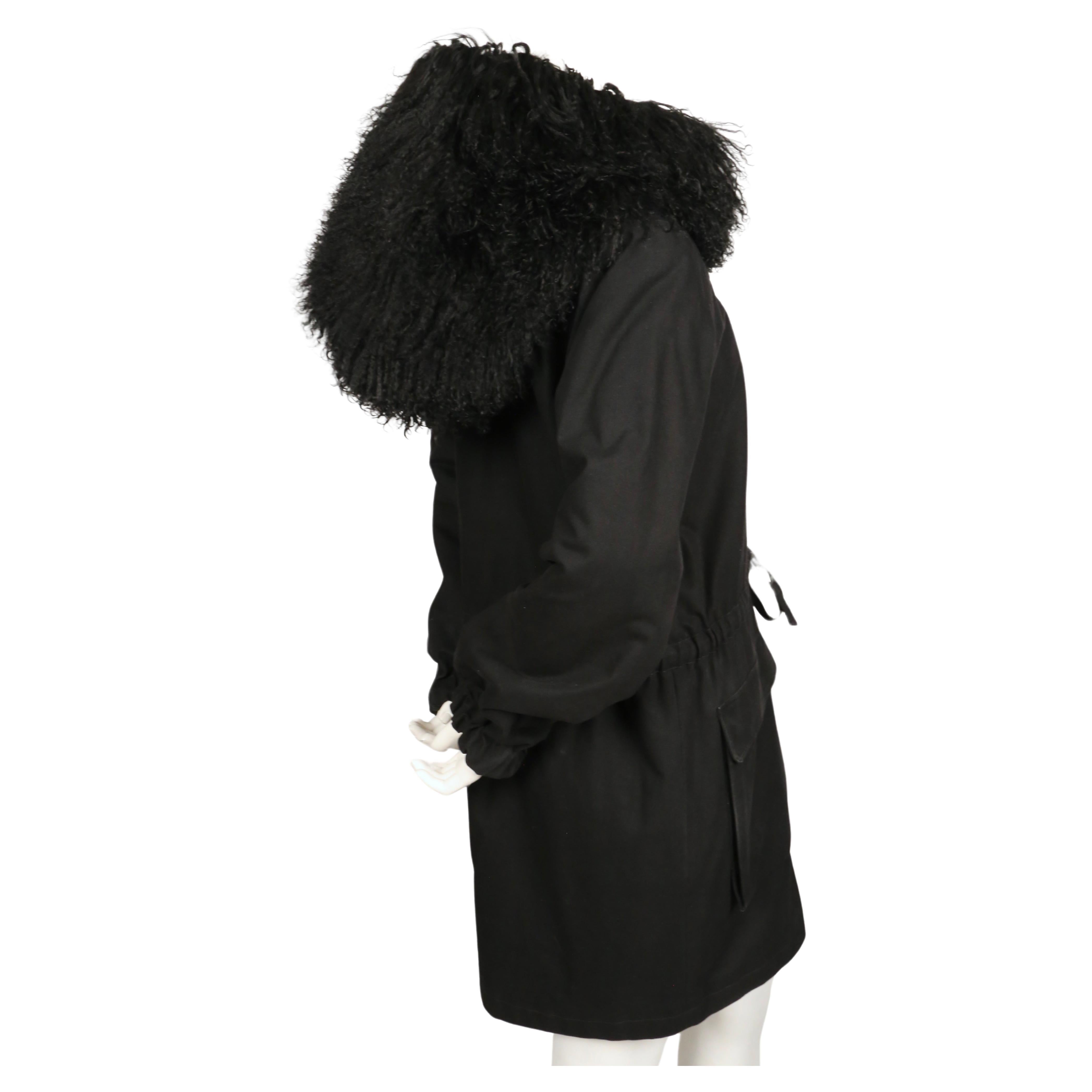 Women's or Men's 1980's YVES SAINT LAURENT black cotton parka with oversized curly lamb hood For Sale