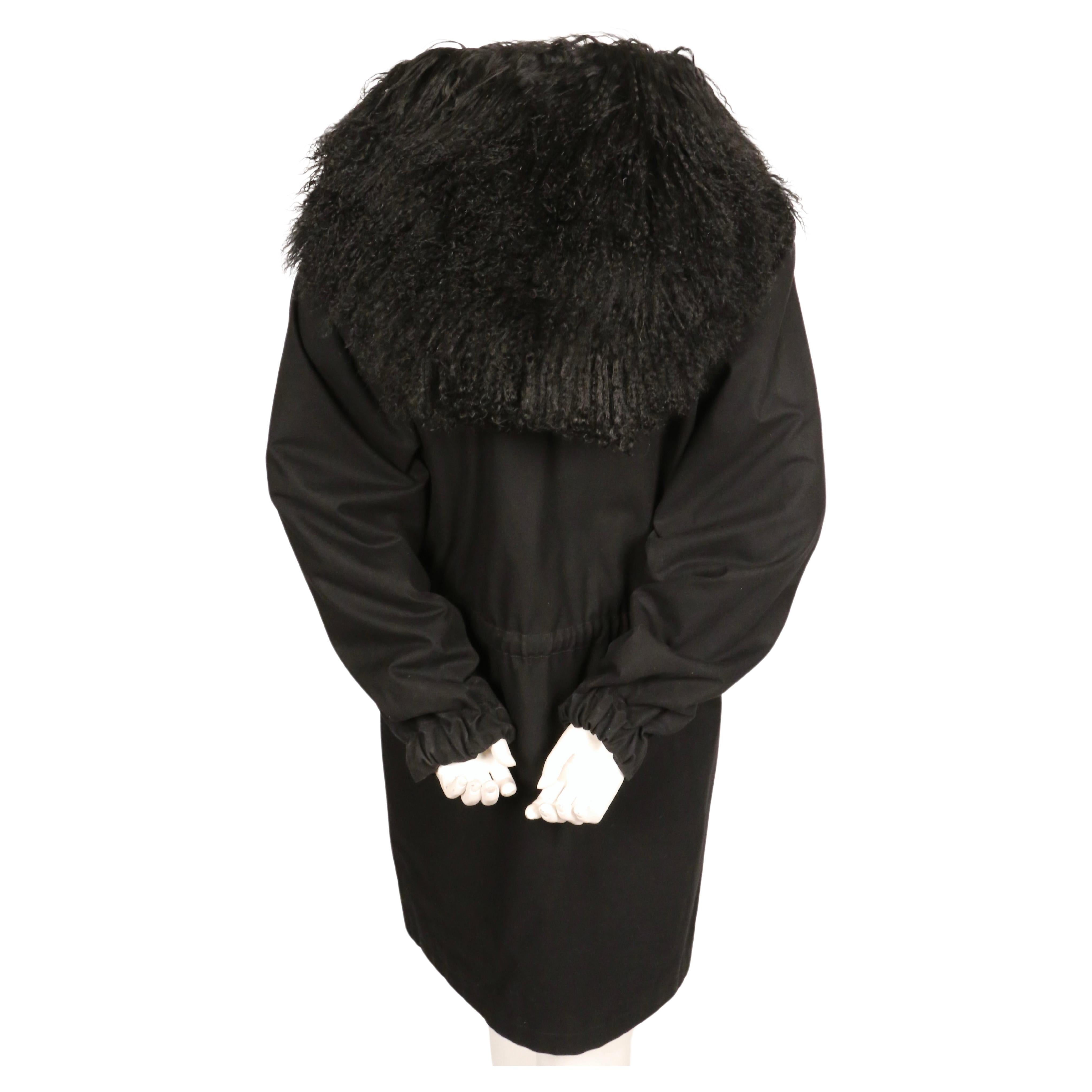 1980's YVES SAINT LAURENT black cotton parka with oversized curly lamb hood For Sale 1