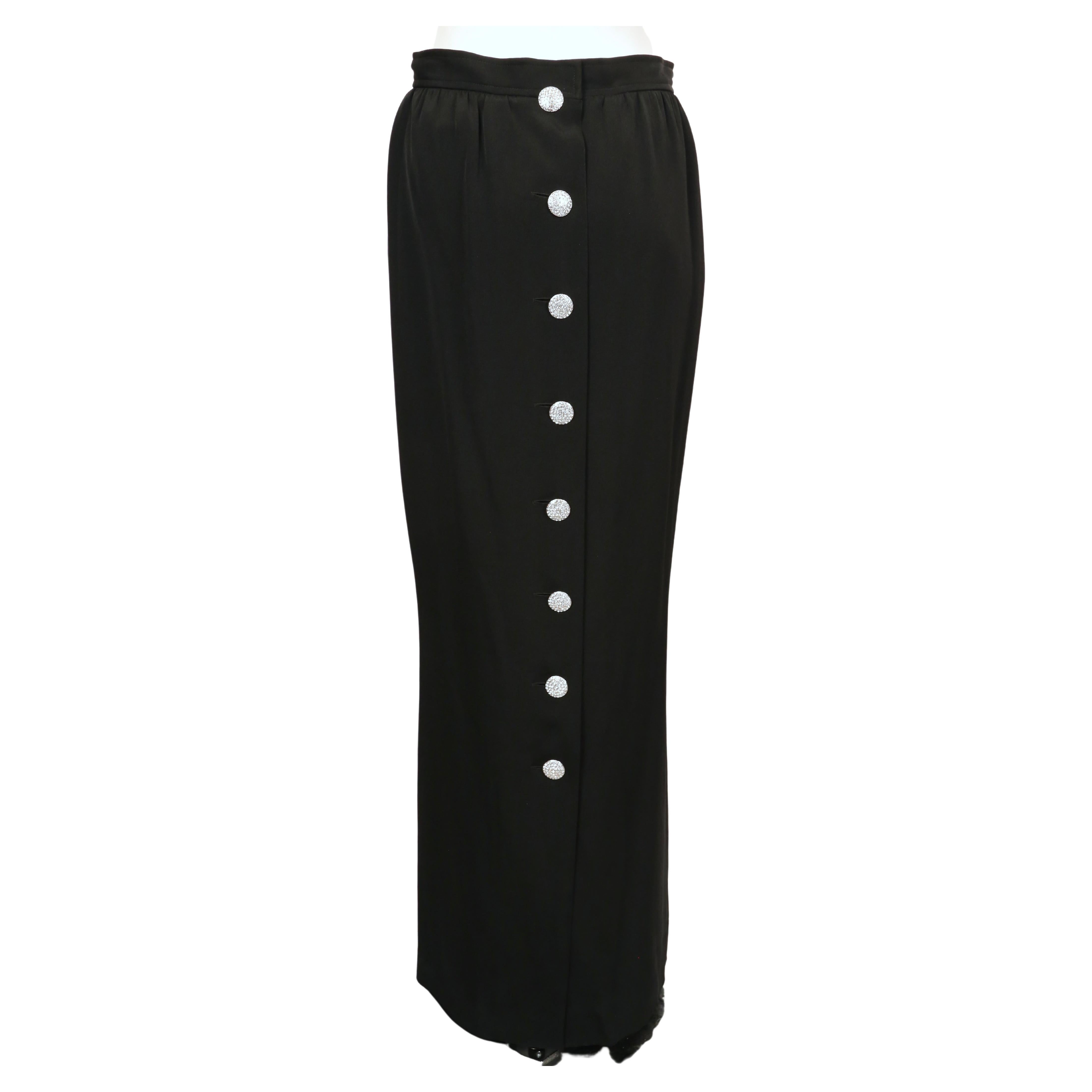 1980's YVES SAINT LAURENT black crepe maxi skirt with rhinestone buttons at back For Sale 2
