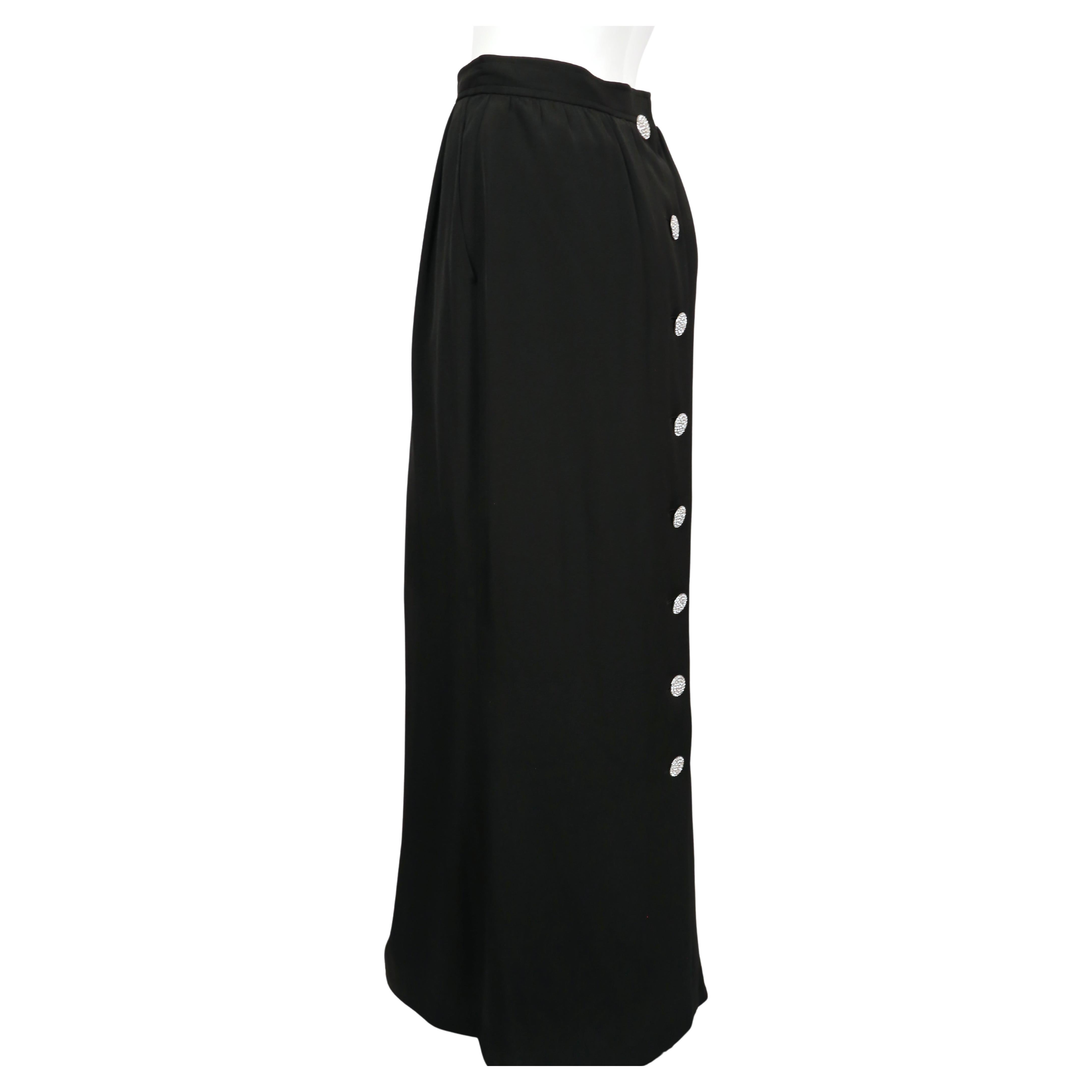 1980's YVES SAINT LAURENT black crepe maxi skirt with rhinestone buttons at back For Sale 4