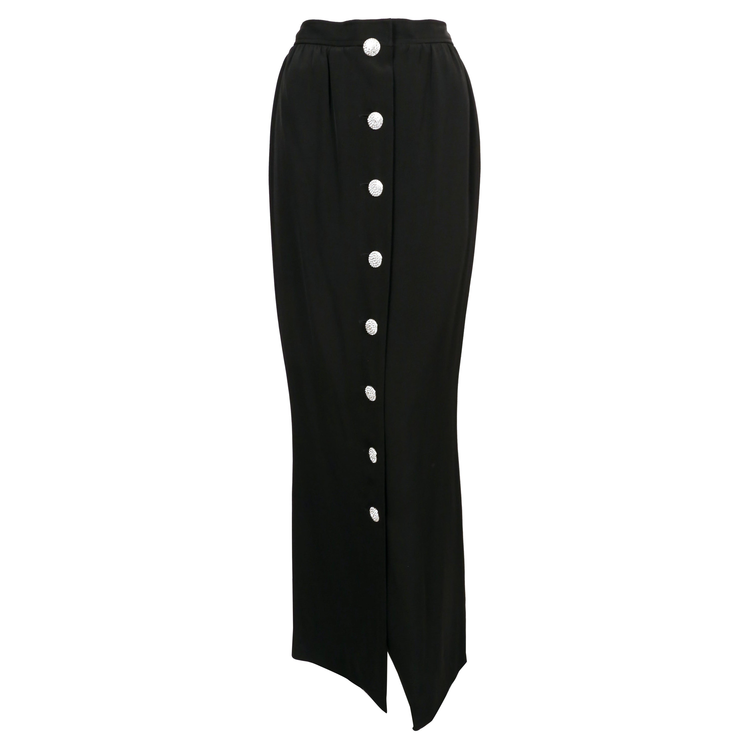 1980's YVES SAINT LAURENT black crepe maxi skirt with rhinestone buttons at back For Sale