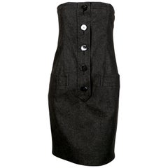1980's YVES SAINT LAURENT black denim strapless dress with shell buttons