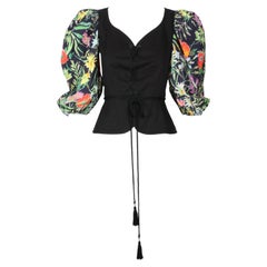 1980's YVES SAINT LAURENT black & floral lace up corset top