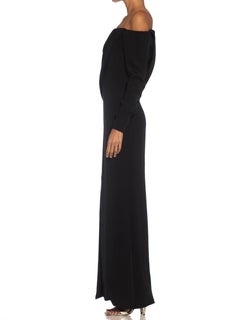 1980S YVES SAINT LAURENT Black Haute Couture Silk Crepe Draped Off Shoulder Gown
