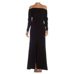 1980S YVES SAINT LAURENT Black Haute Couture Silk Crepe Draped Off Shoulder Gown