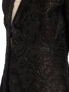 1980S YVES SAINT LAURENT Black Haute Couture Silk & Lurex Matelassé Suit With V