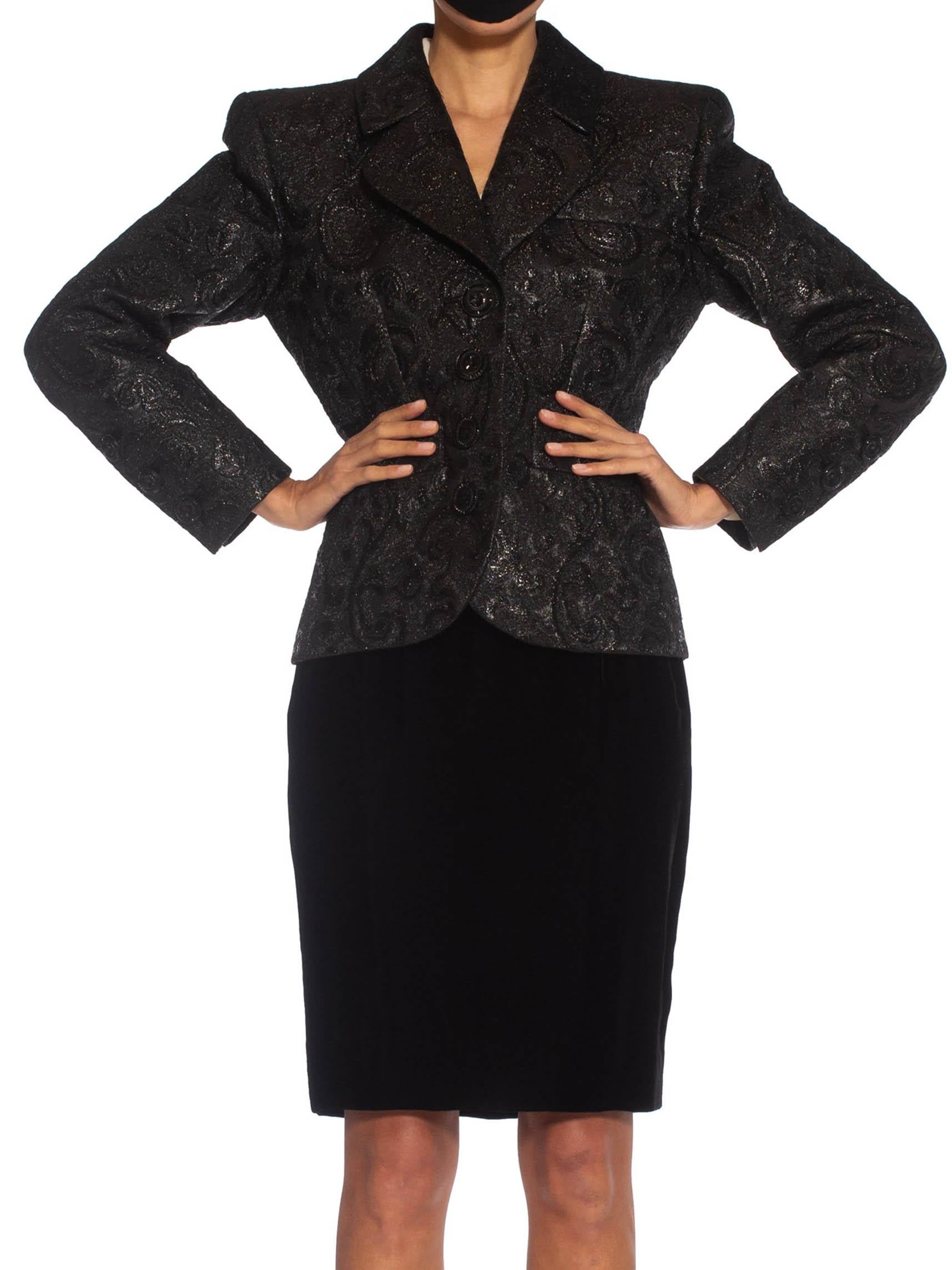 Women's 1980S YVES SAINT LAURENT Black Haute Couture Silk & Lurex Matelassé Suit With V For Sale