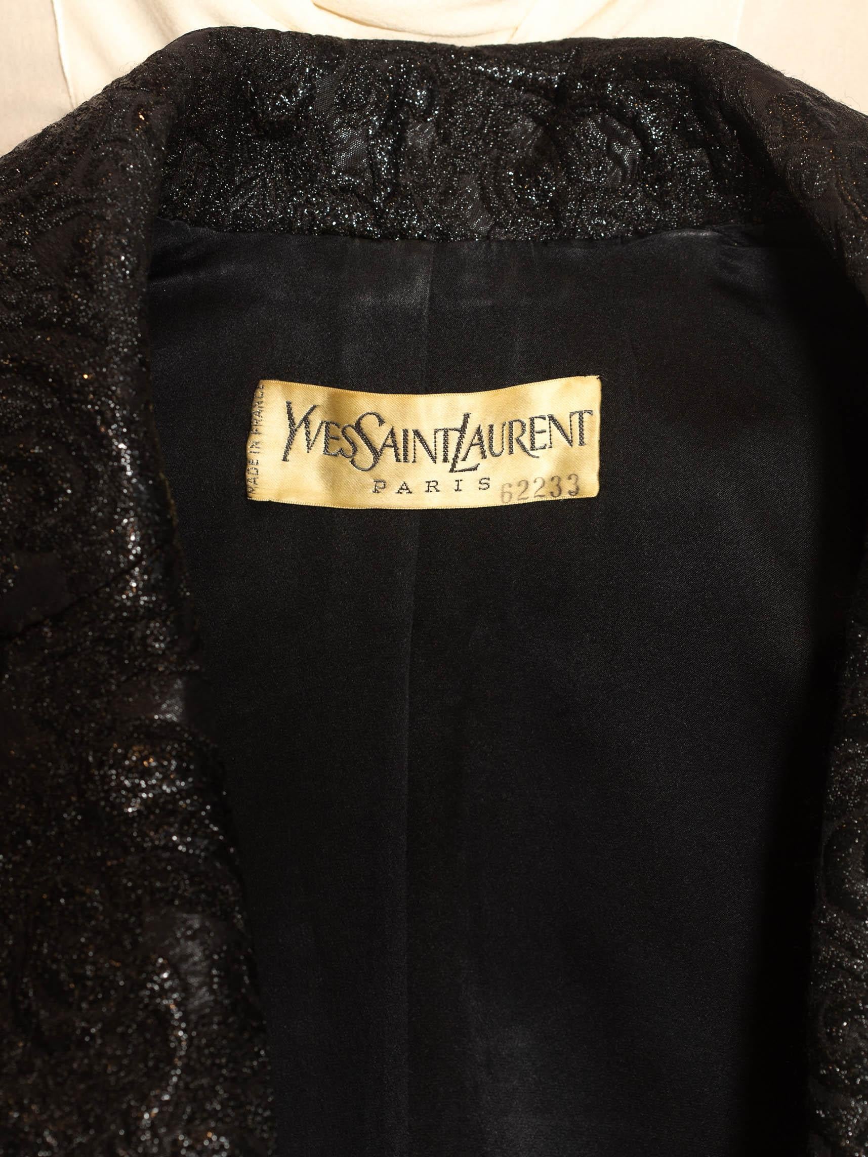 1980S YVES SAINT LAURENT Black Haute Couture Silk & Lurex Matelassé Suit With V For Sale 1