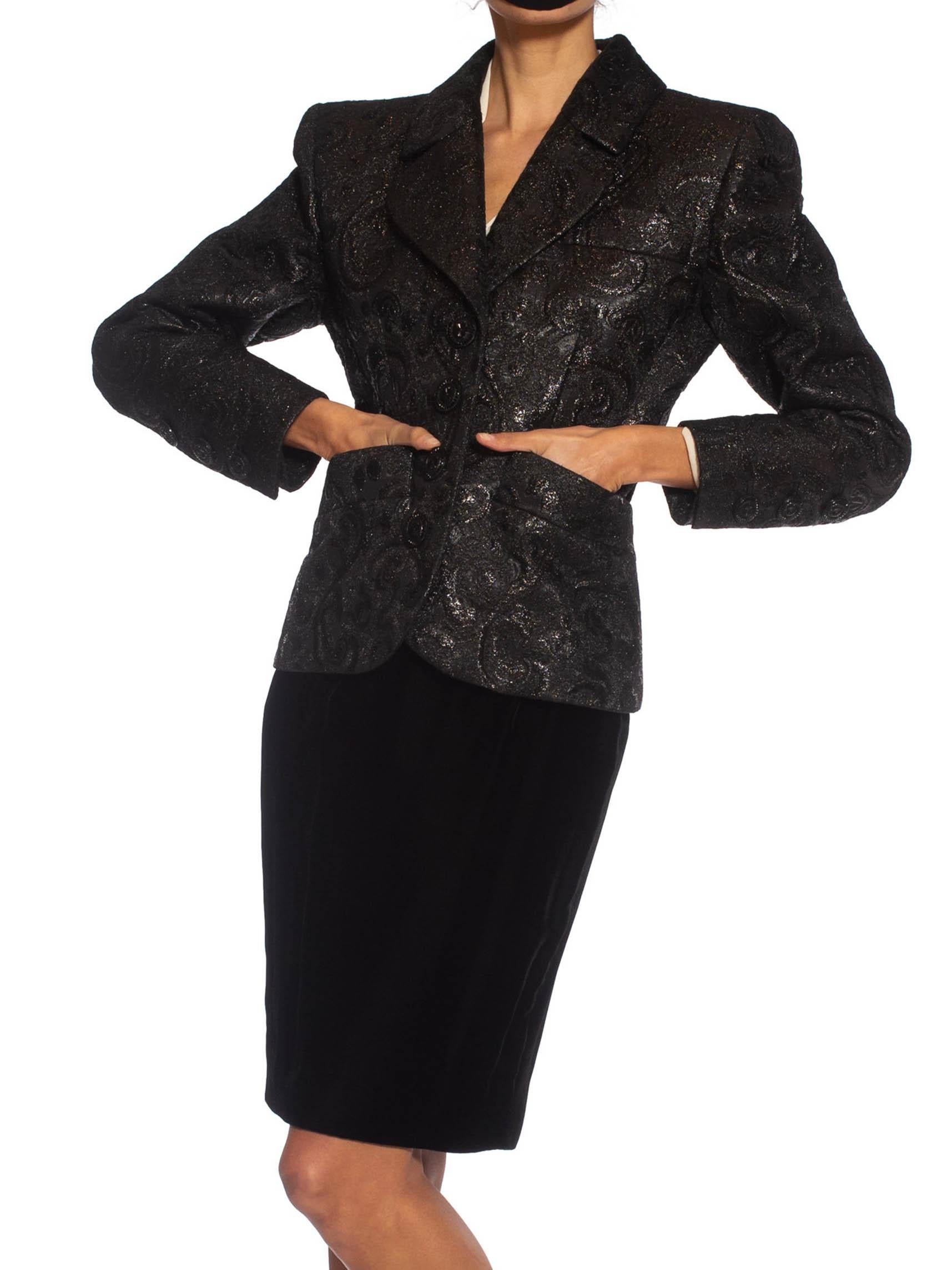 1980S YVES SAINT LAURENT Black Haute Couture Silk & Lurex Matelassé Suit With V For Sale 2