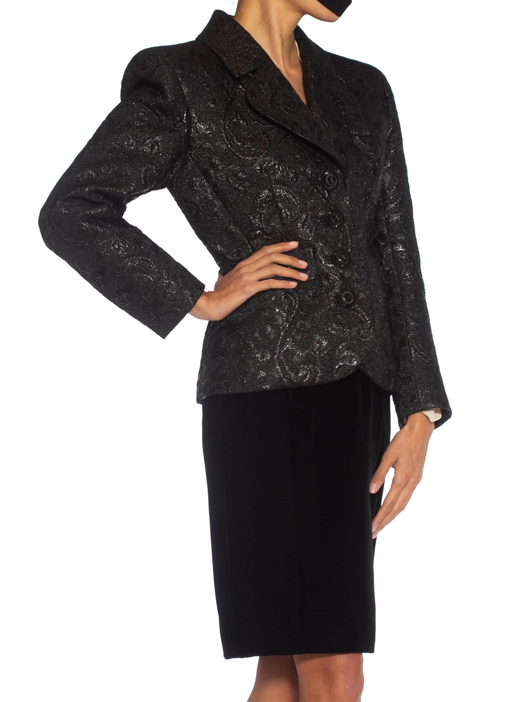 1980S YVES SAINT LAURENT Black Haute Couture Silk & Lurex Matelassé Suit With V For Sale 4