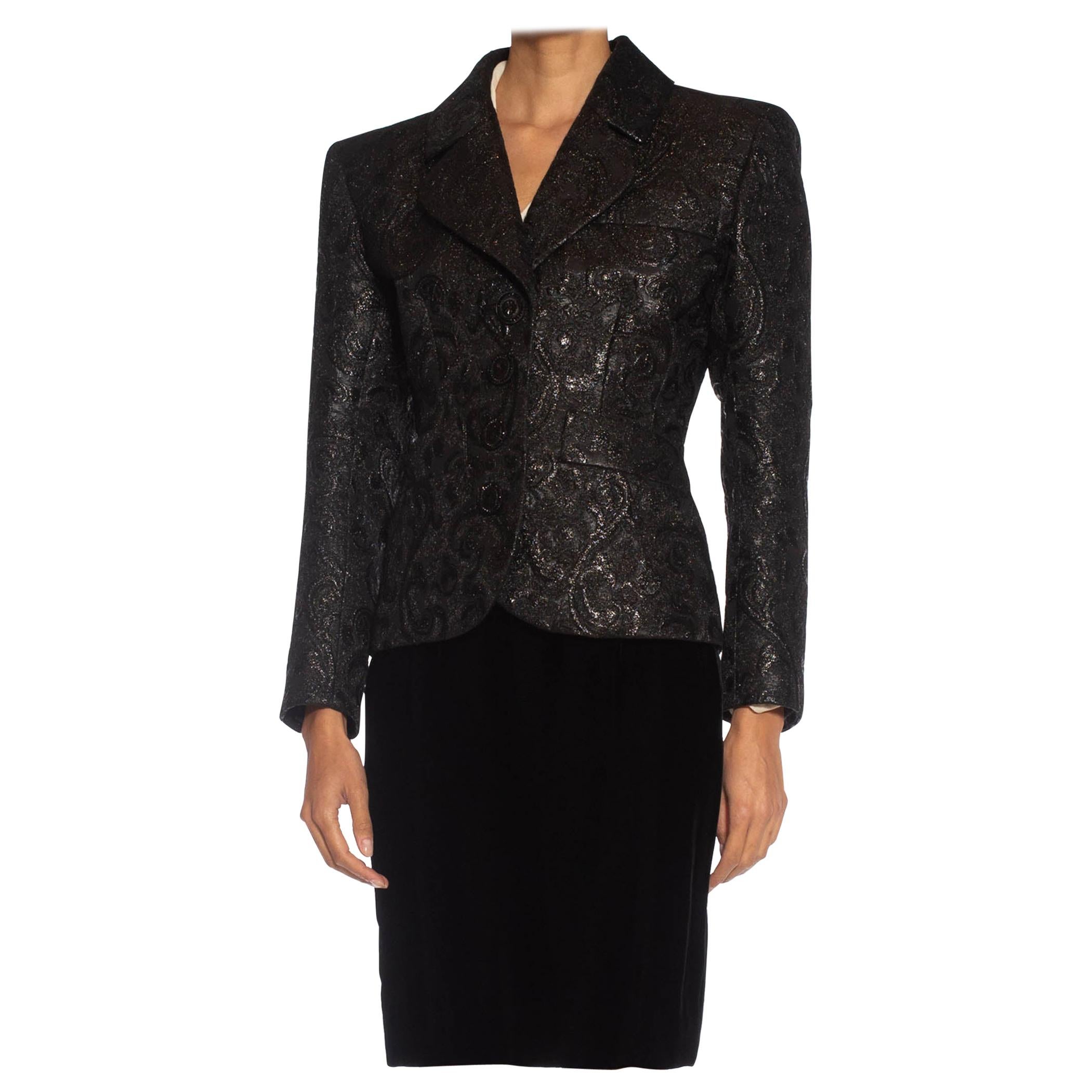 1980S YVES SAINT LAURENT Black Haute Couture Silk & Lurex Matelassé Suit With V For Sale