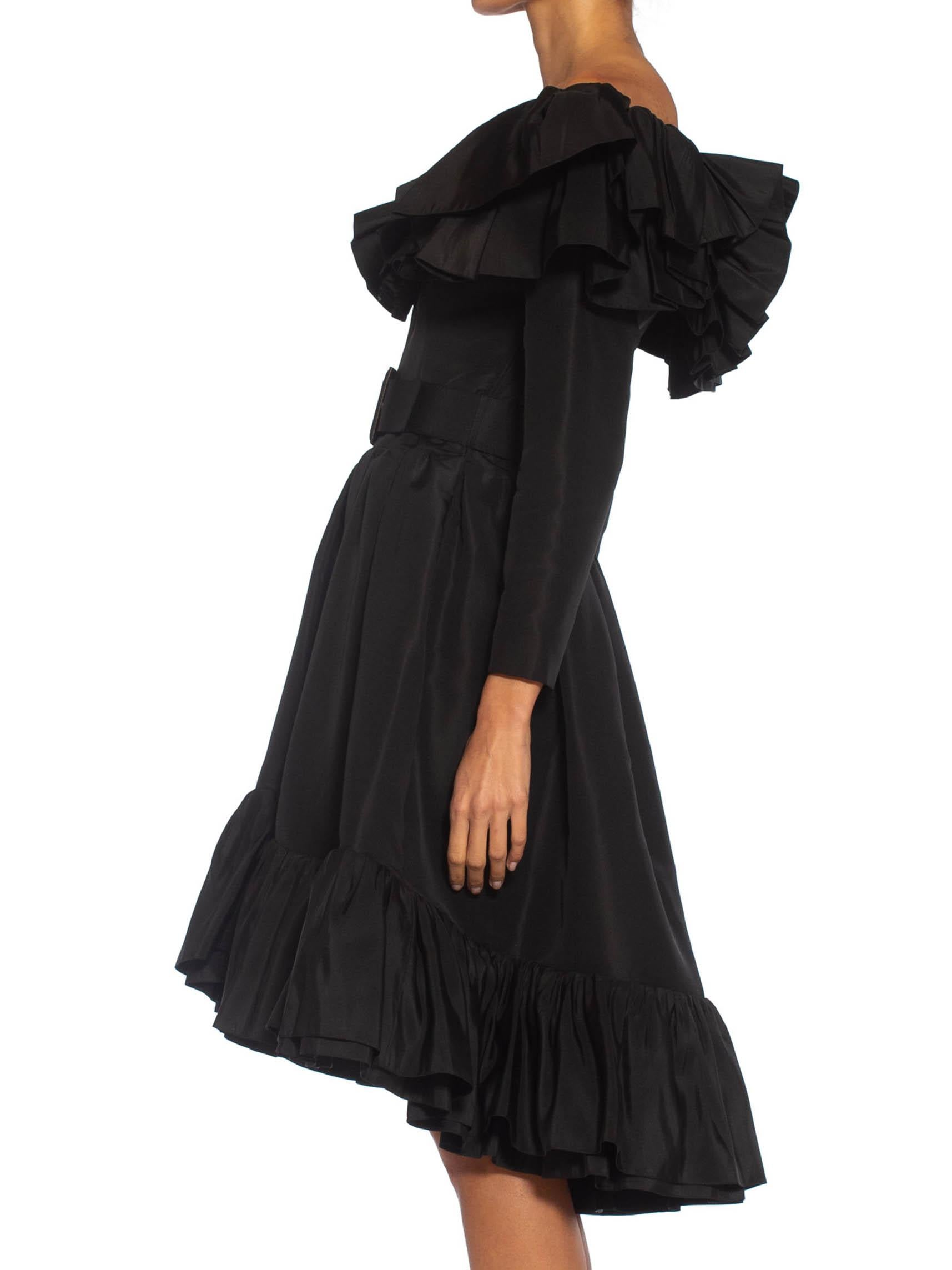 1980S YVES SAINT LAURENT Black Haute Couture Silk Taffeta Ruffled Cocktail Dress With Belt