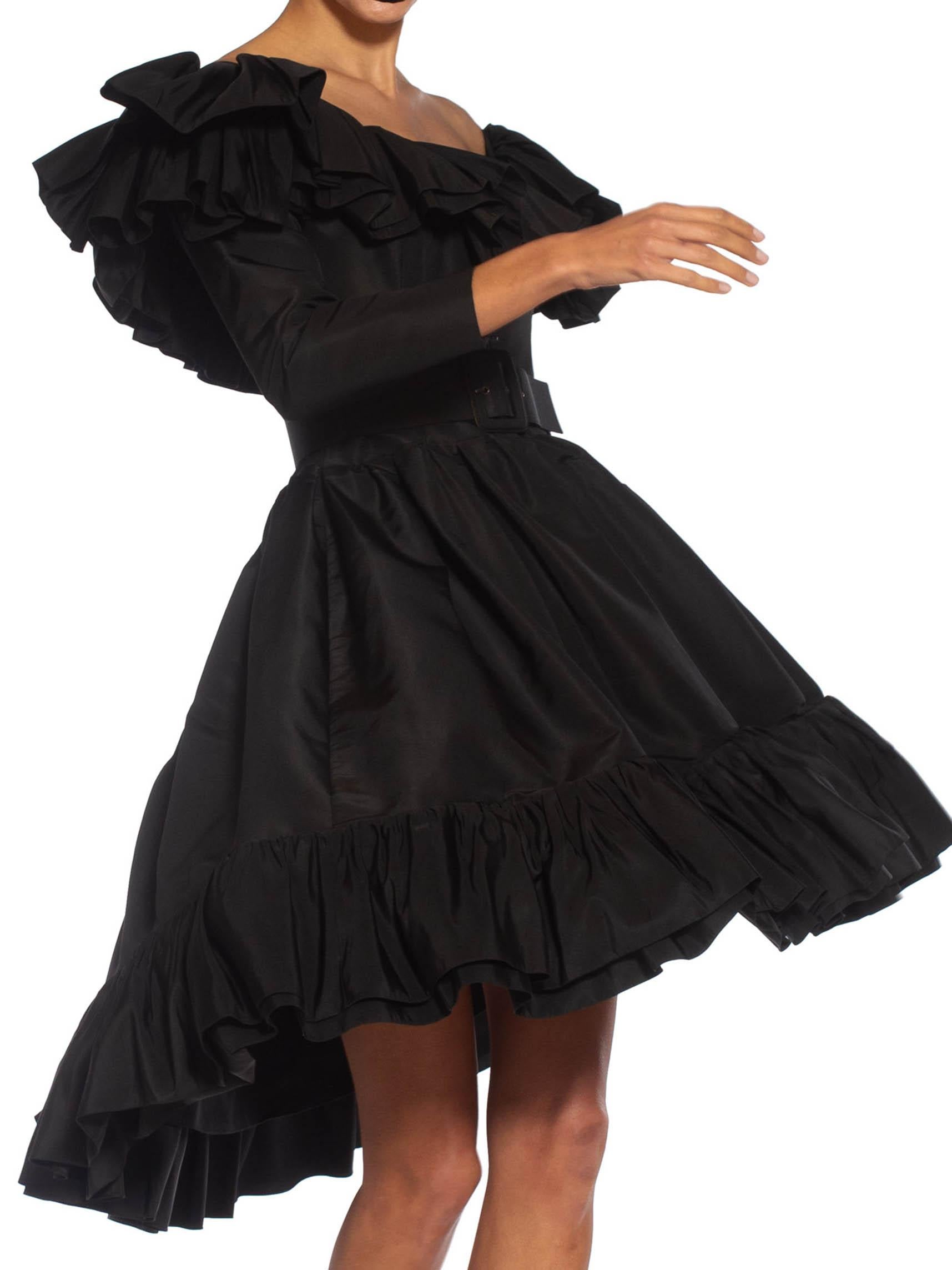 1980S YVES SAINT LAURENT Black Haute Couture Silk Taffeta Ruffled Cocktail Dres In Excellent Condition For Sale In New York, NY