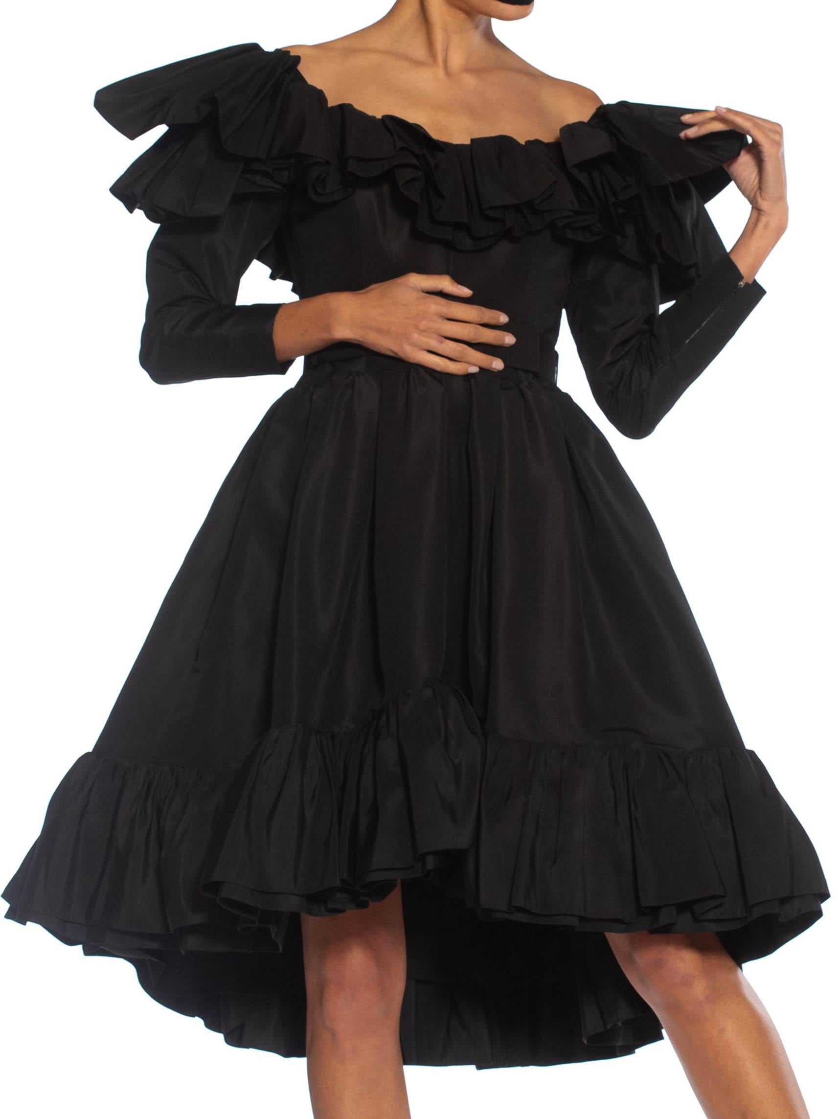 Women's 1980S YVES SAINT LAURENT Black Haute Couture Silk Taffeta Ruffled Cocktail Dres For Sale