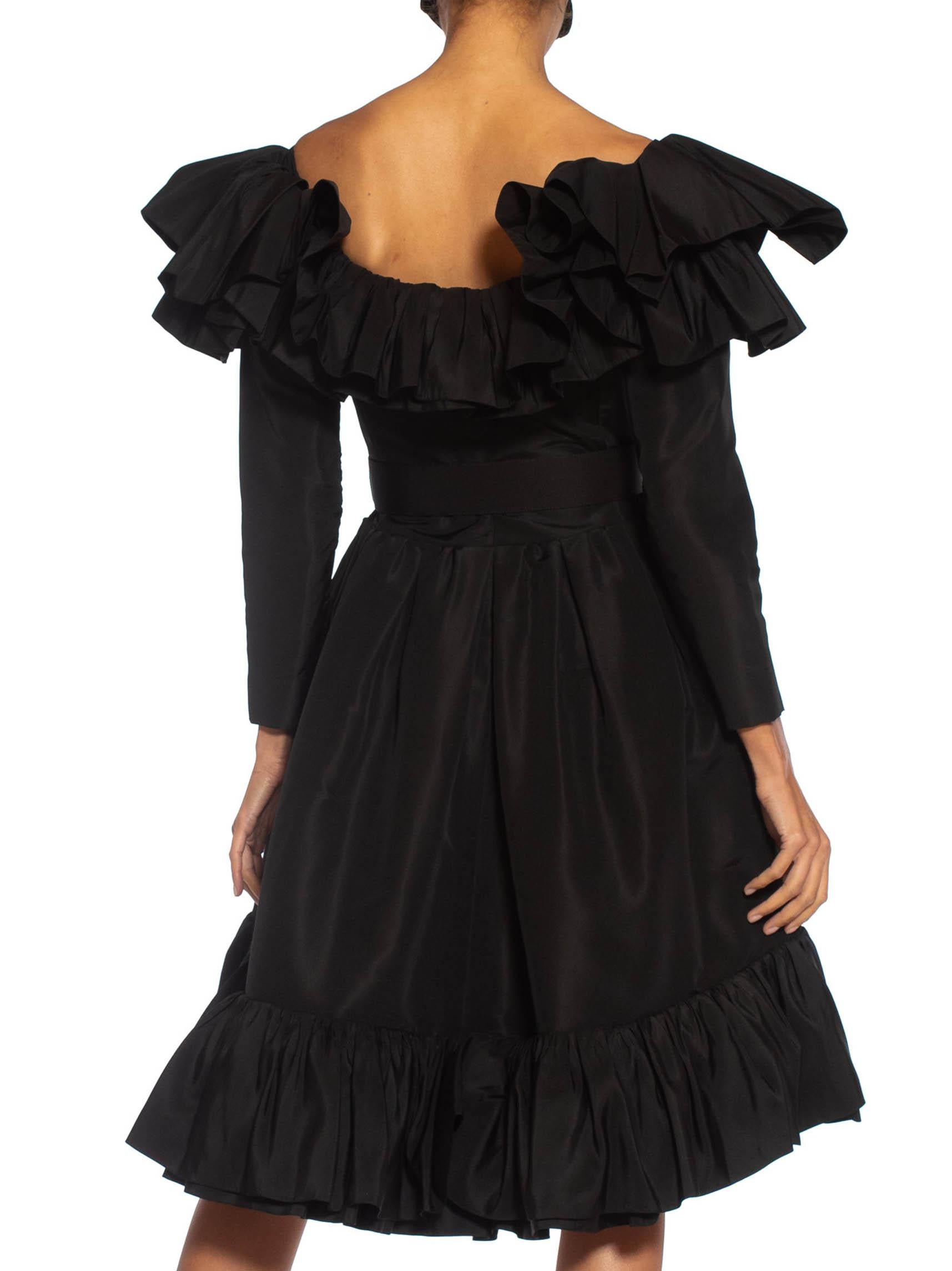 1980S YVES SAINT LAURENT Black Haute Couture Silk Taffeta Ruffled Cocktail Dres For Sale 2