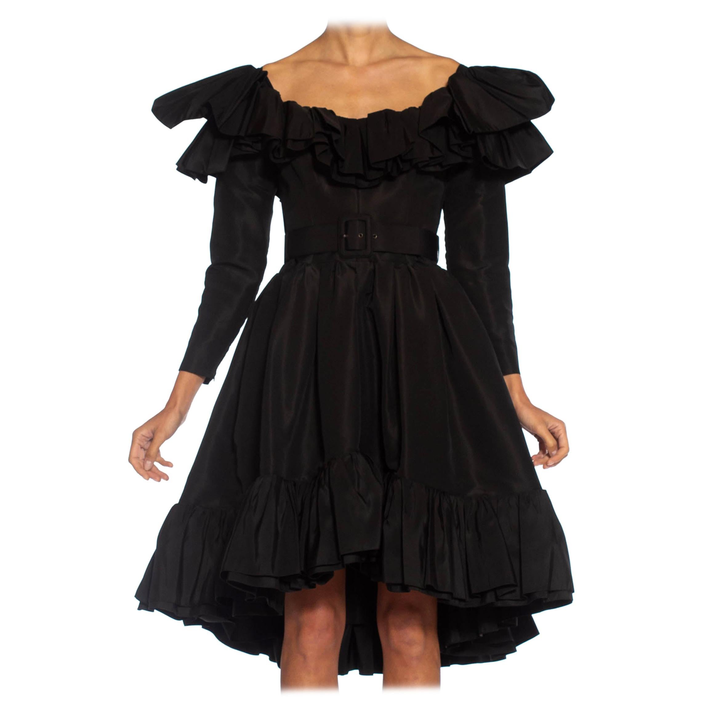 1980S YVES SAINT LAURENT Black Haute Couture Silk Taffeta Ruffled Cocktail Dres For Sale