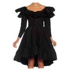 Vintage 1980S YVES SAINT LAURENT Black Haute Couture Silk Taffeta Ruffled Cocktail Dres