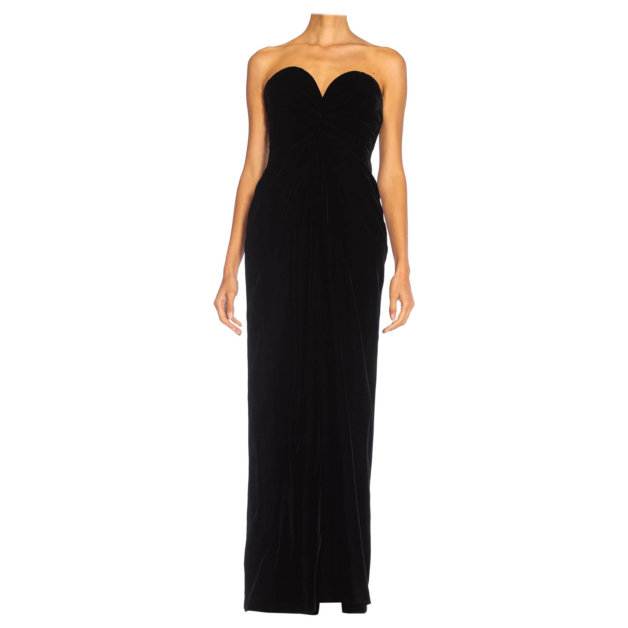 1980S YVES SAINT LAURENT Black Haute Couture Silk Velvet Strapless Gown For Sale