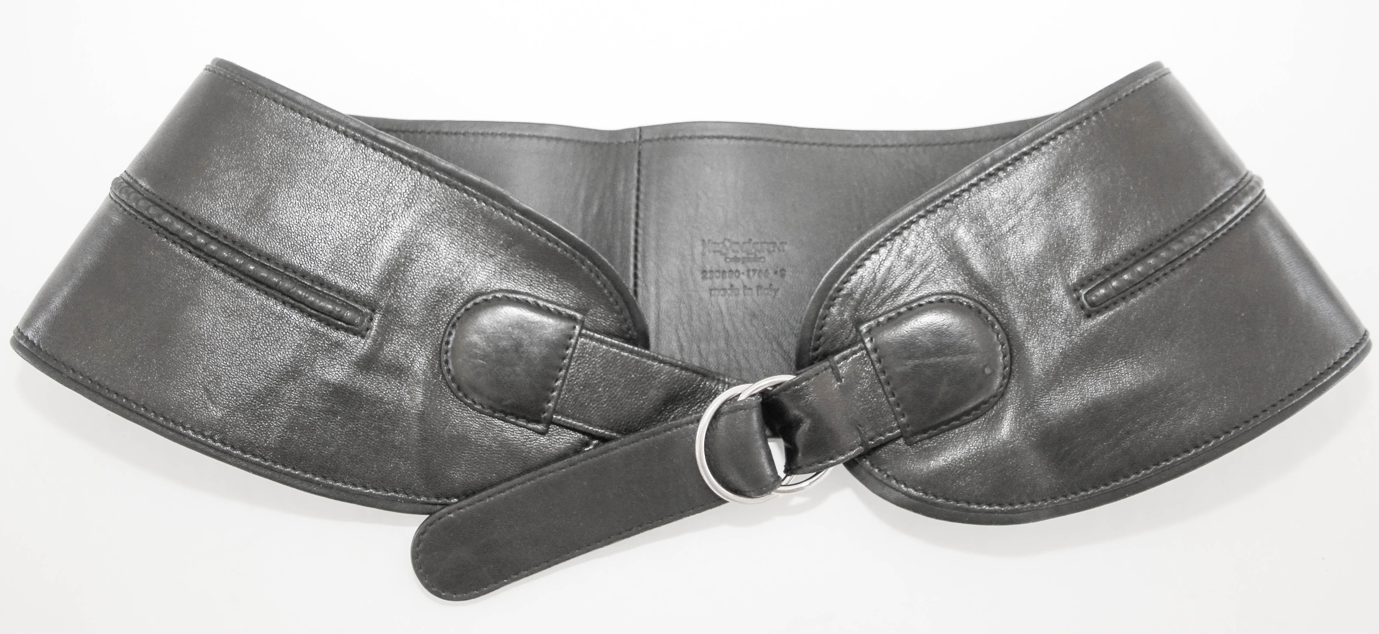 1980's YVES SAINT LAURENT Black Leather Wide Waist Belt 6