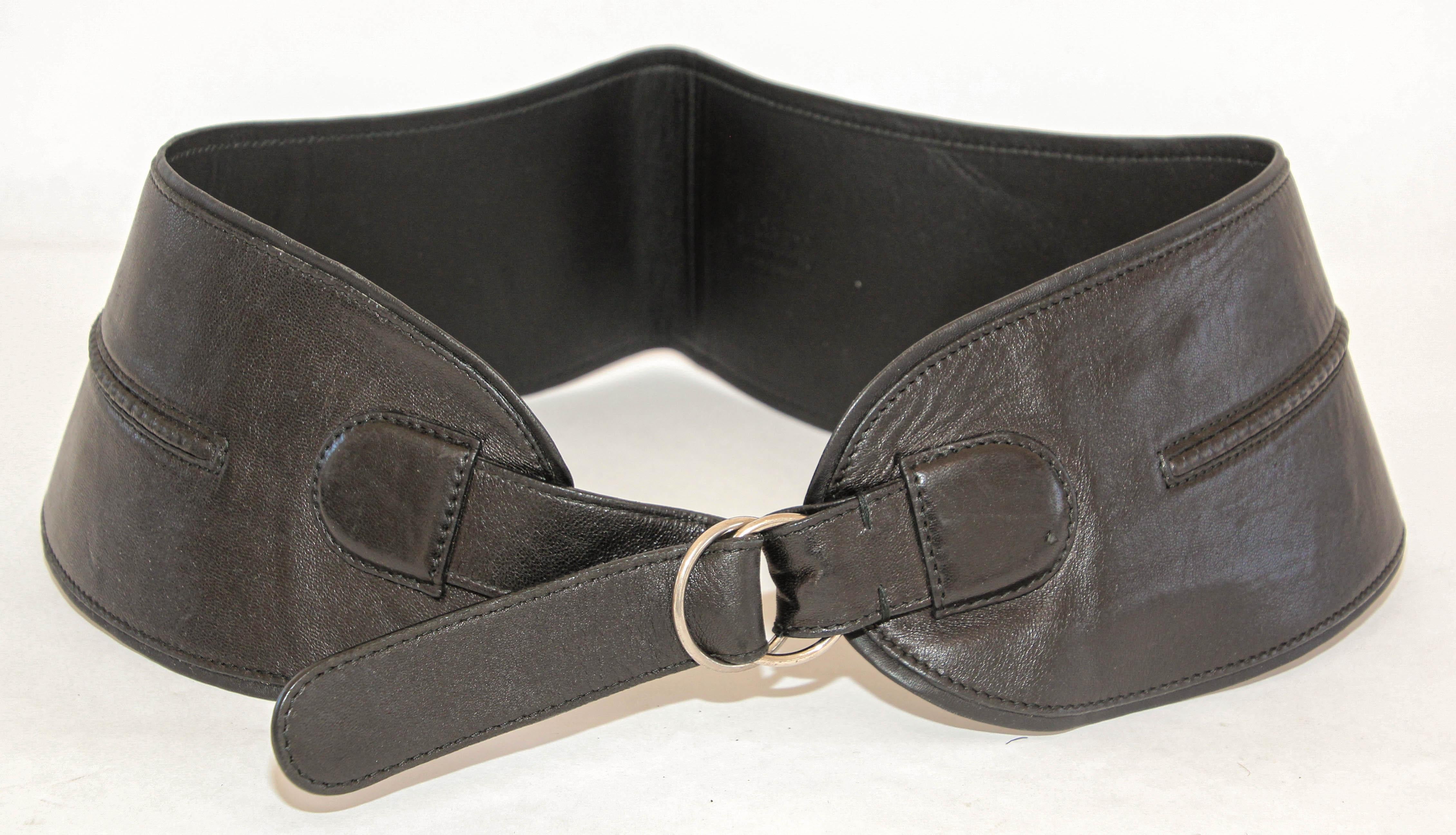 1980's YVES SAINT LAURENT Black Leather Wide Waist Belt 8
