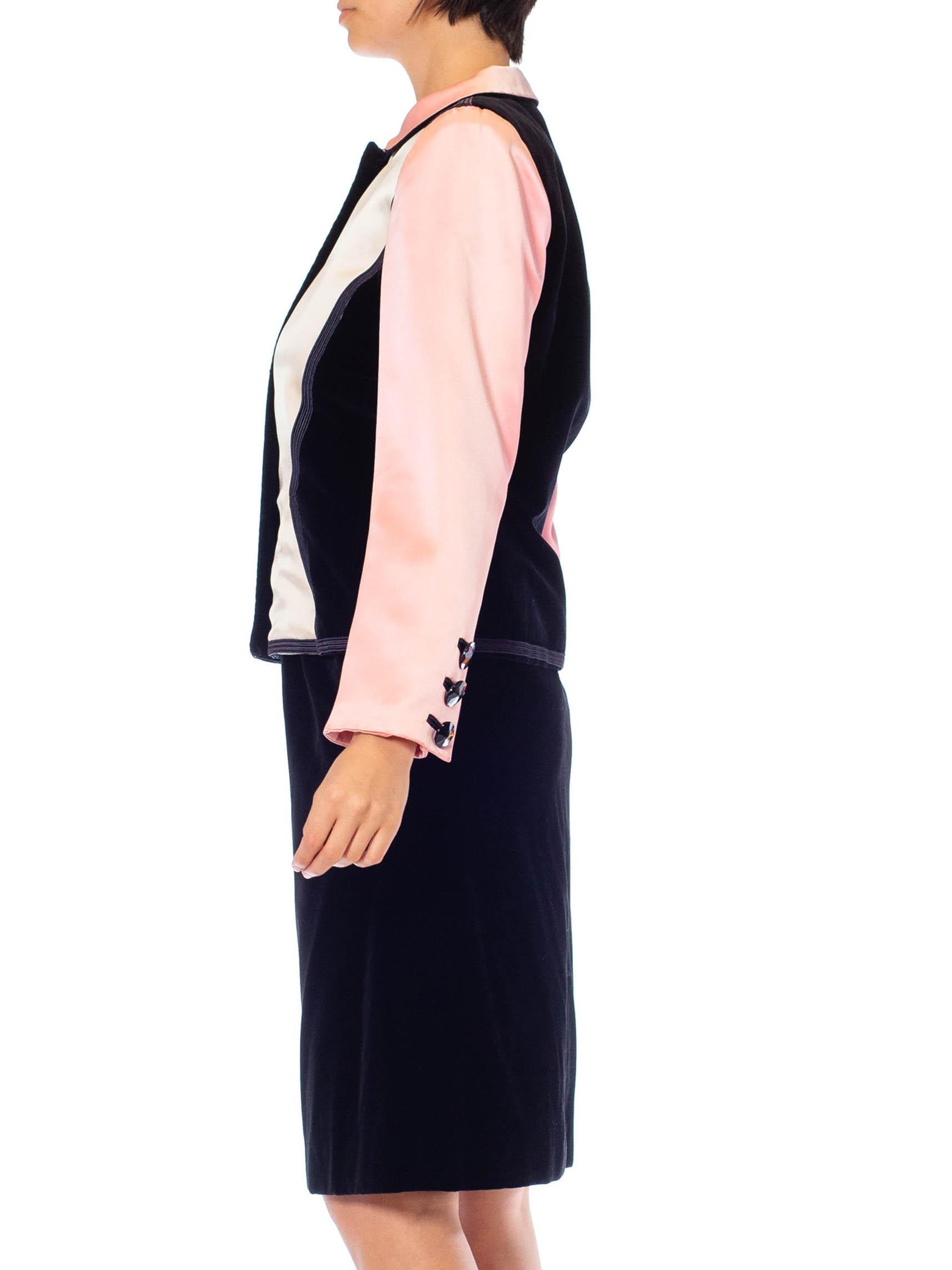 This rare runway piece is a stunner however it does show signs of wear, please note the photos for condition issues. Very wearable and freshly dry-cleaned. 1980S YVES SAINT LAURENT Black & Pink Silk Duchess Satin Velvet Skirt Suit