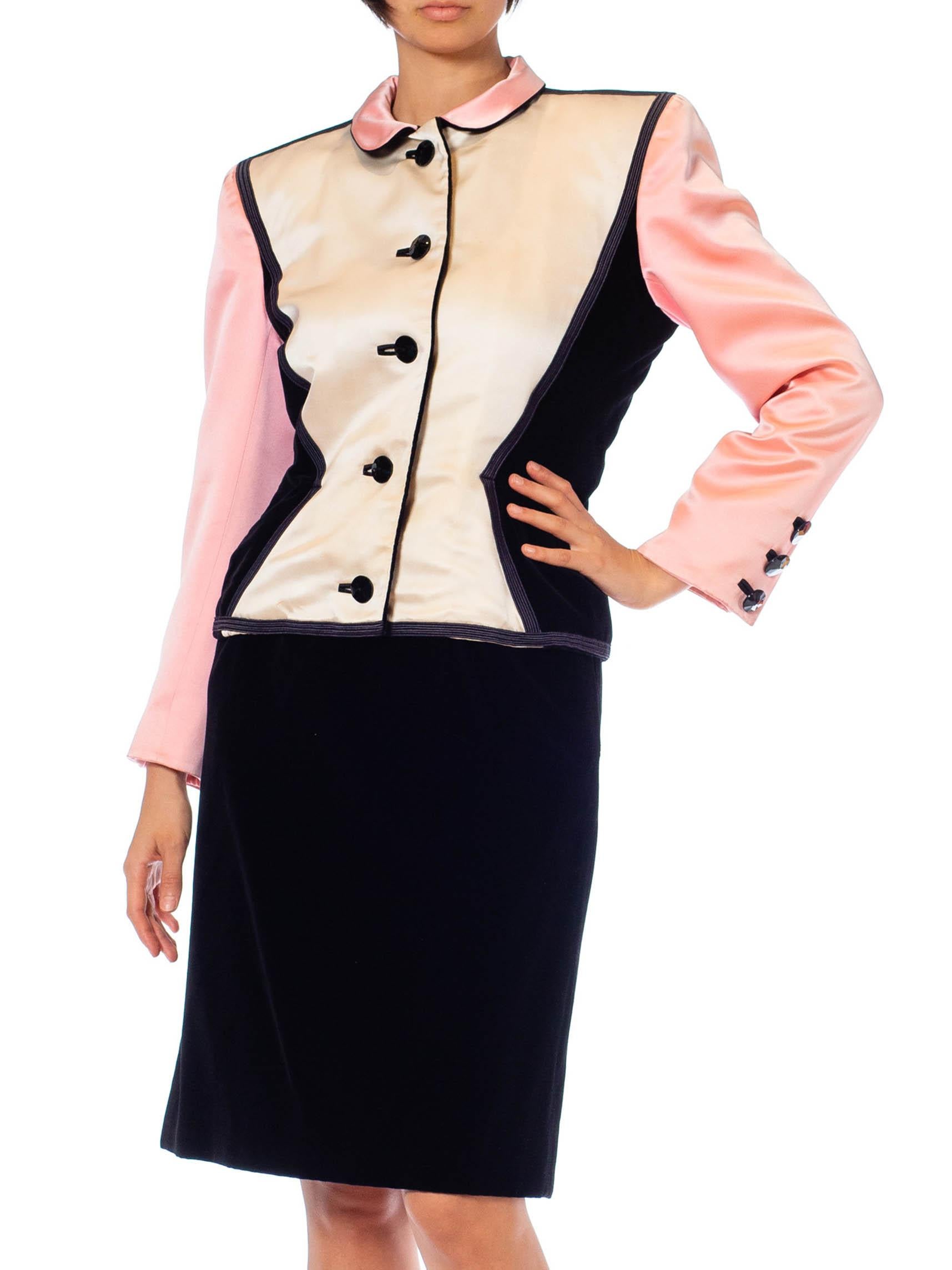 Women's 1980S YVES SAINT LAURENT Black & Pink Silk Duchess Satin Velvet Skirt Suit