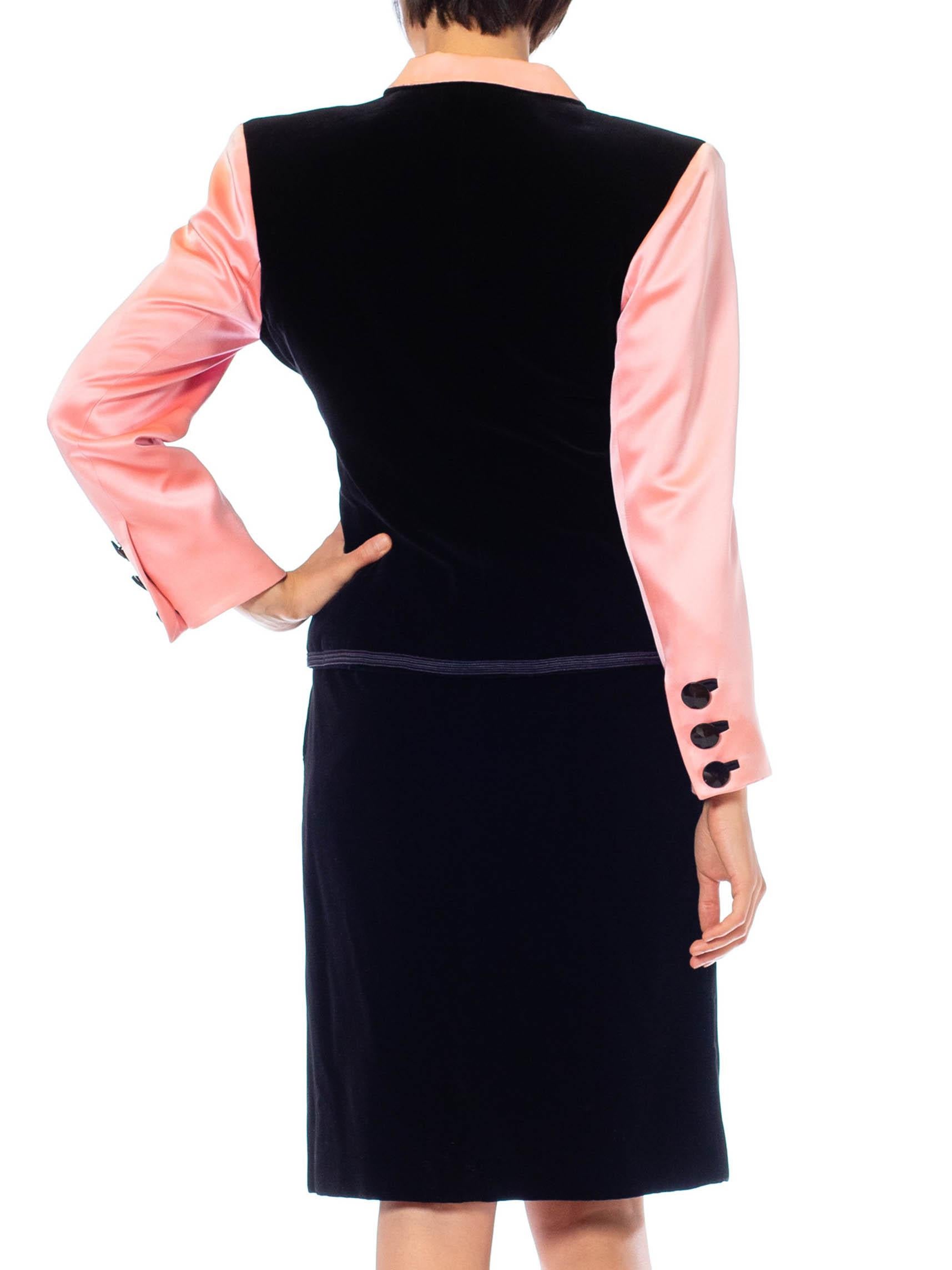 1980S YVES SAINT LAURENT Black & Pink Silk Duchess Satin Velvet Skirt Suit 2