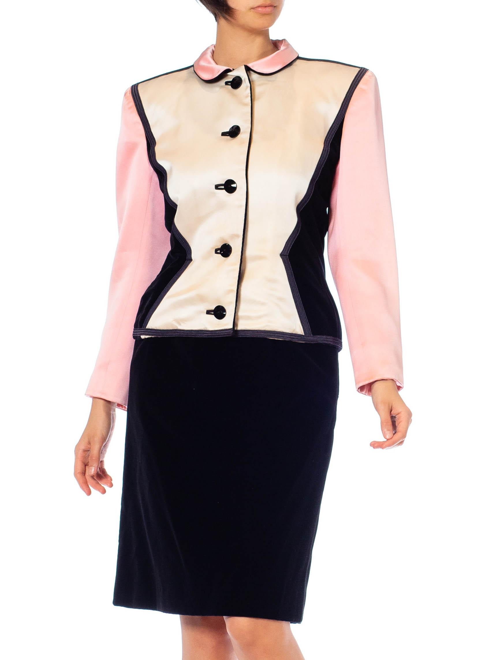1980S YVES SAINT LAURENT Black & Pink Silk Duchess Satin Velvet Skirt Suit 3