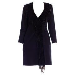 1980er Jahre YVES SAINT LAURENT Schwarzer langärmeliger Wickel-Cocktailkleider aus Viskose & Seidenjersey