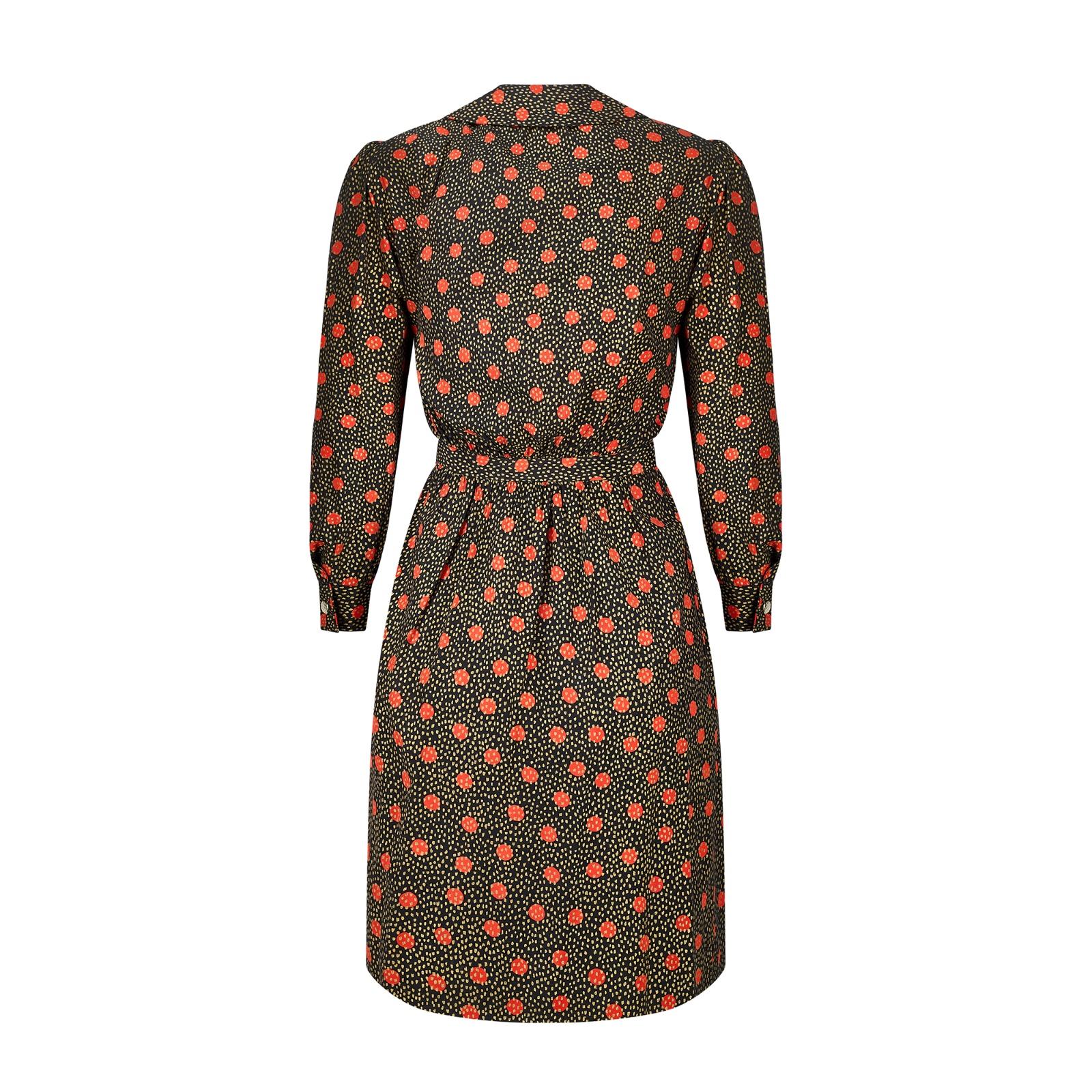 1980er Yves Saint Laurent Schwarz-rot-goldenes Print-Kleid im Zustand „Hervorragend“ im Angebot in London, GB