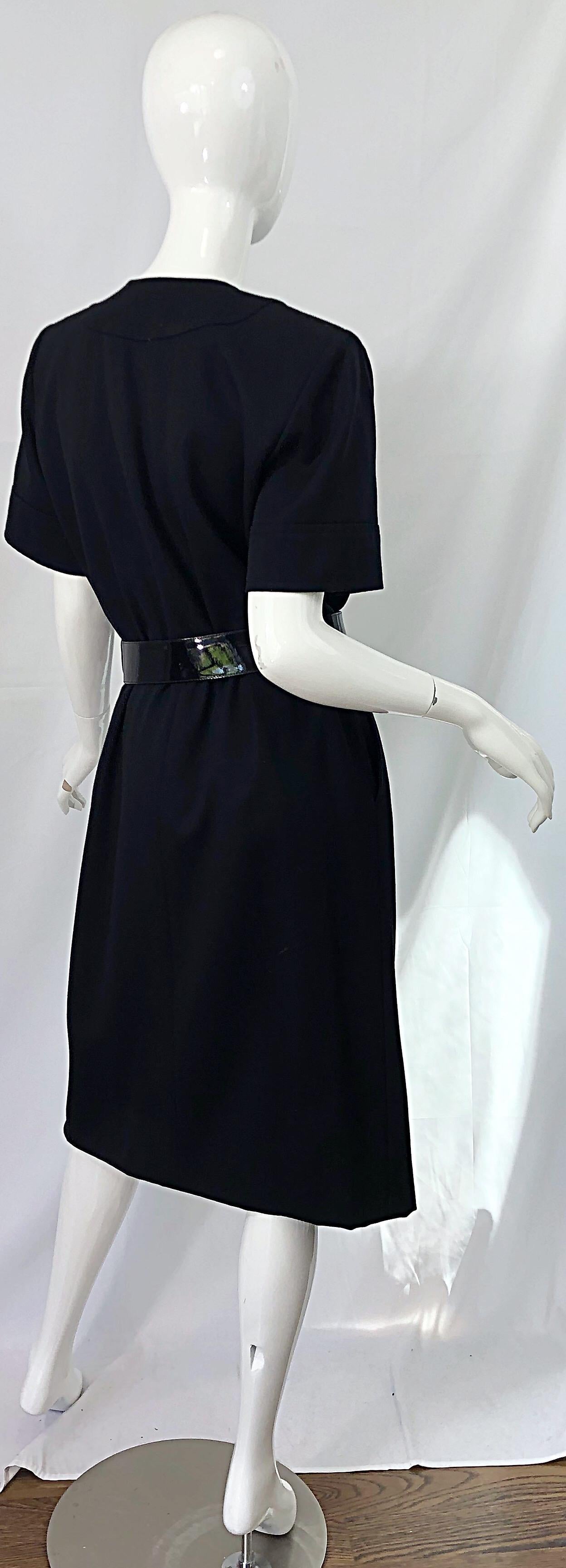 1980s Yves Saint Laurent Black Short Sleeve Large Size Belted Vintage 80s Dress For Sale 3