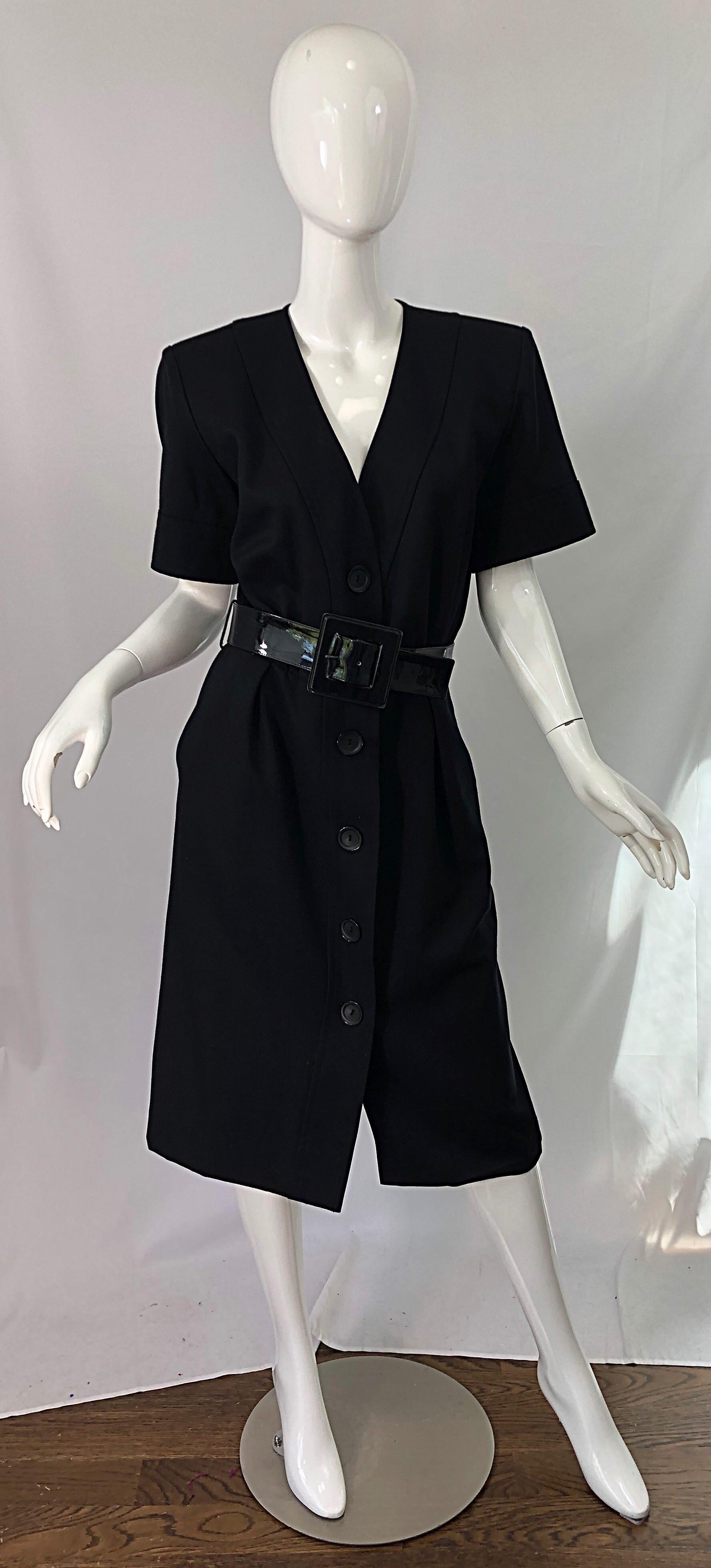 1980s Yves Saint Laurent Black Short Sleeve Large Size Belted Vintage 80s Dress For Sale 4