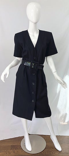 1980s Yves Saint Laurent Black Short Sleeve Large Size Belted Vintage 80s Dress
