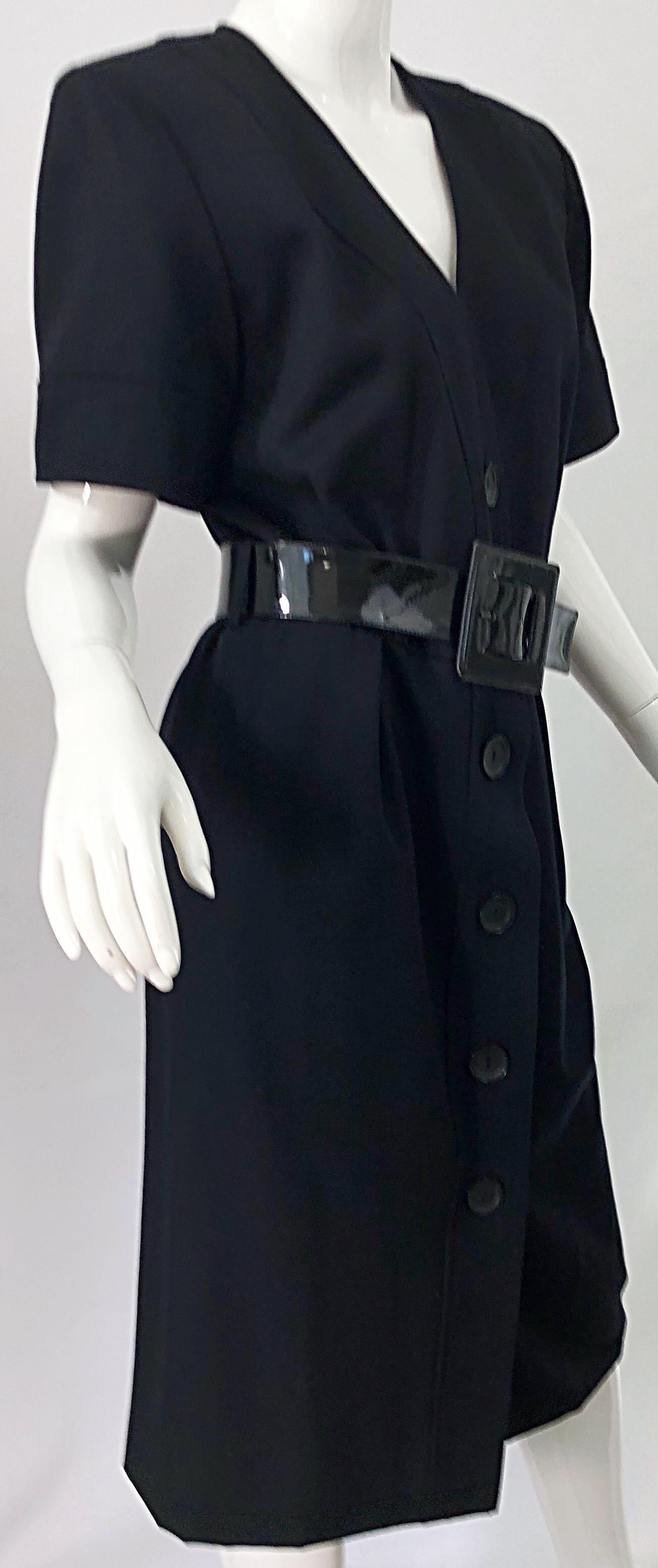 1980s Yves Saint Laurent Black Short Sleeve Large Size Belted Vintage 80s Dress In Excellent Condition For Sale In San Diego, CA
