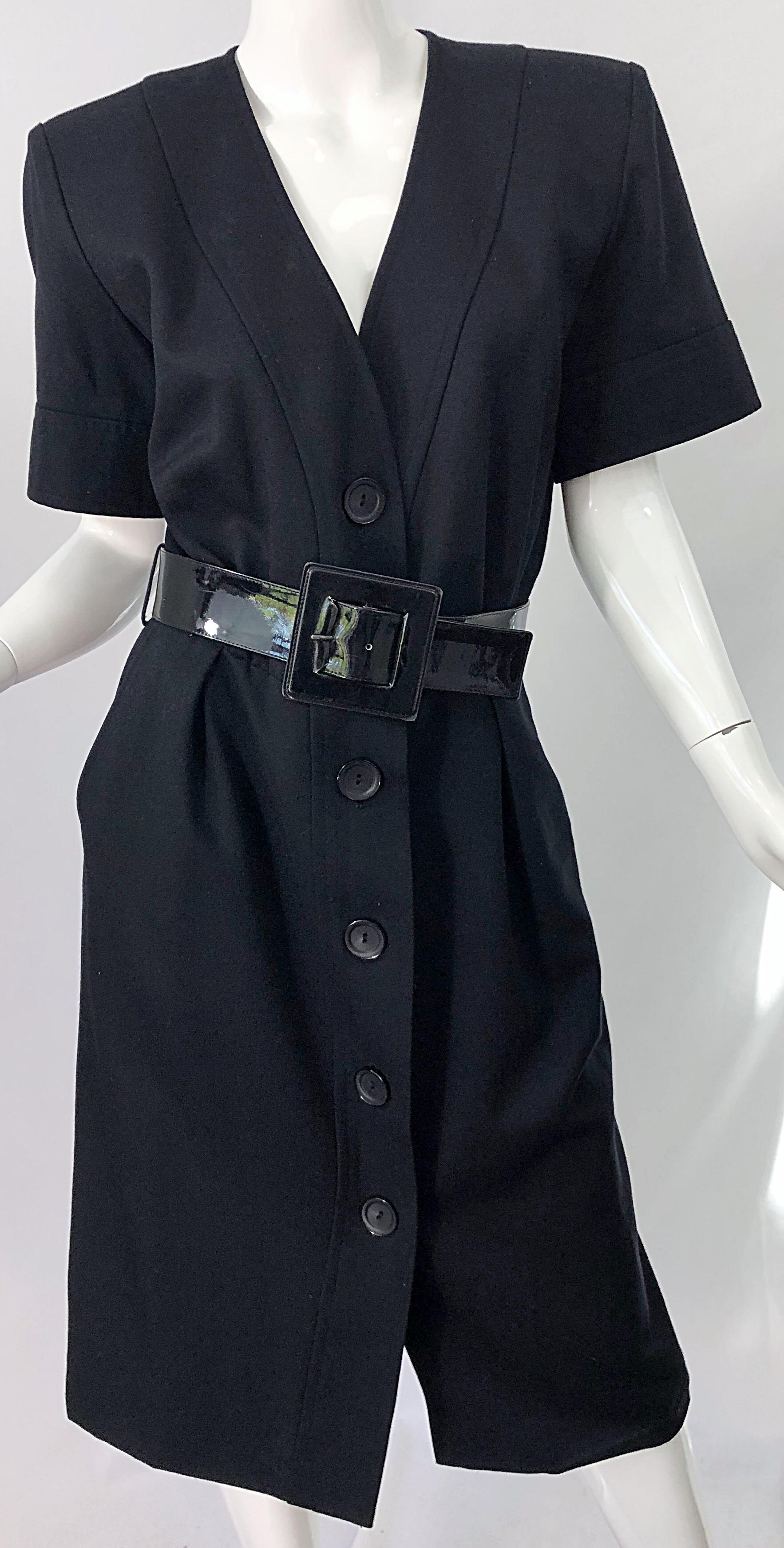 Women's 1980s Yves Saint Laurent Black Short Sleeve Large Size Belted Vintage 80s Dress For Sale