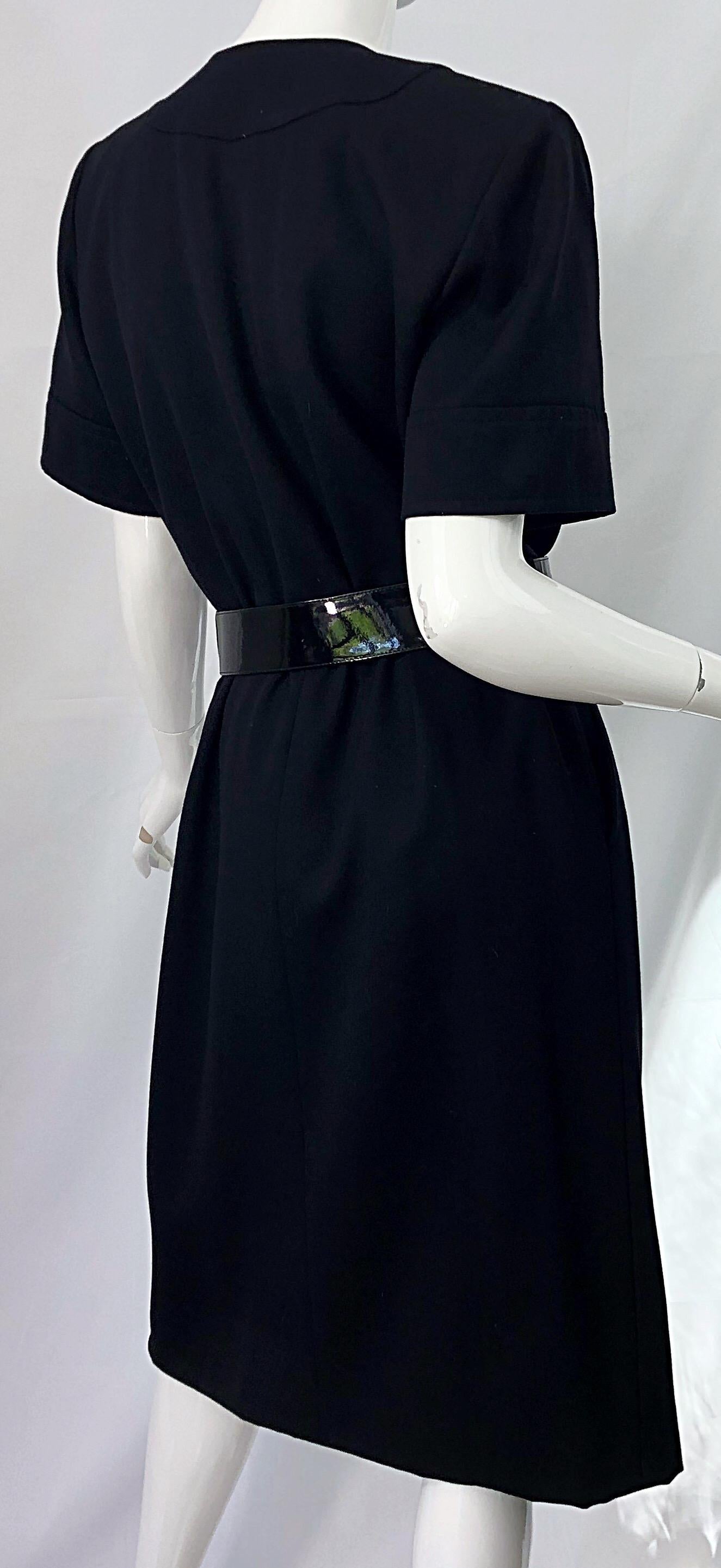 1980s Yves Saint Laurent Black Short Sleeve Large Size Belted Vintage 80s Dress For Sale 1