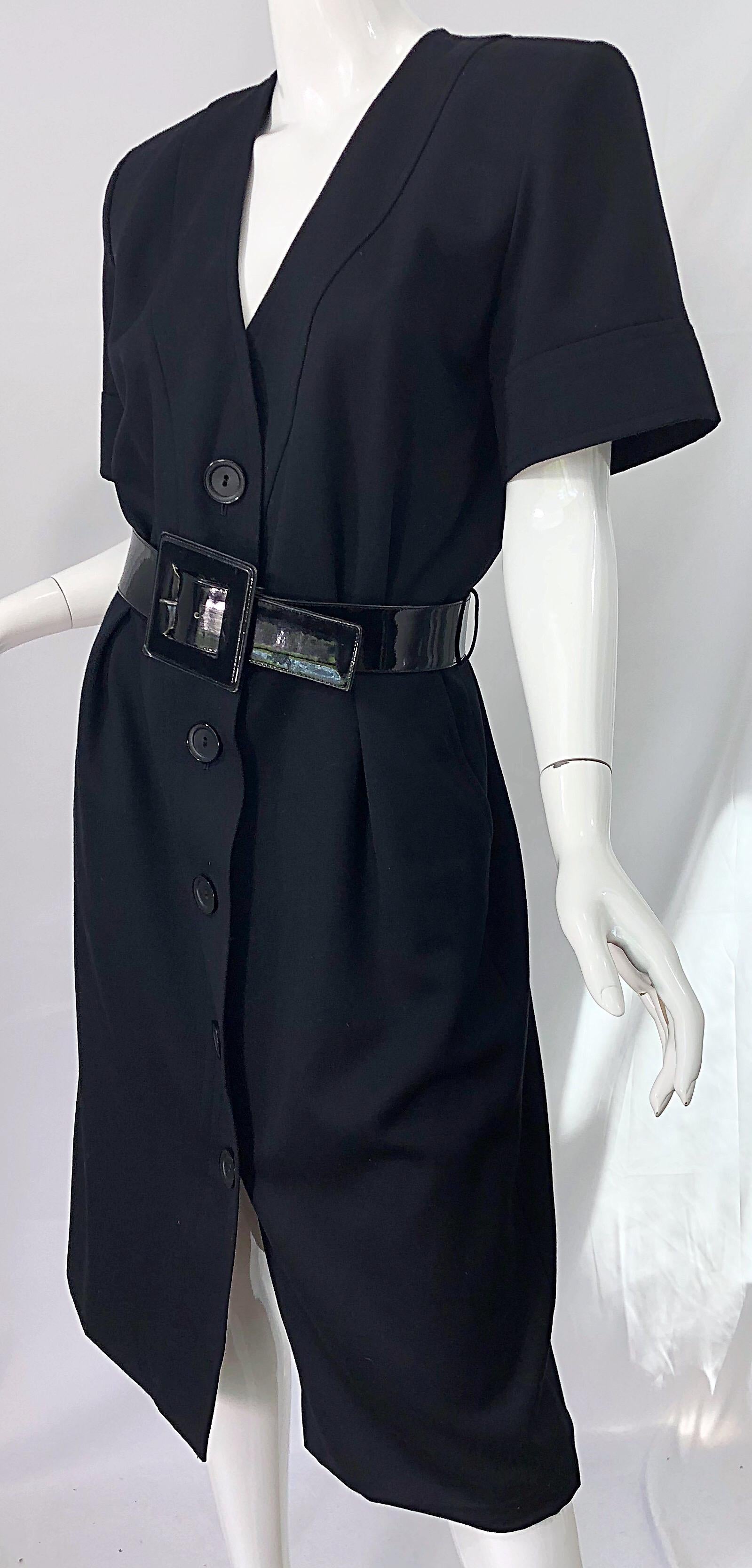 1980s Yves Saint Laurent Black Short Sleeve Large Size Belted Vintage 80s Dress For Sale 2