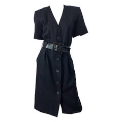 1980s Yves Saint Laurent Black Short Sleeve Large Size Belted Vintage 80s Dress
